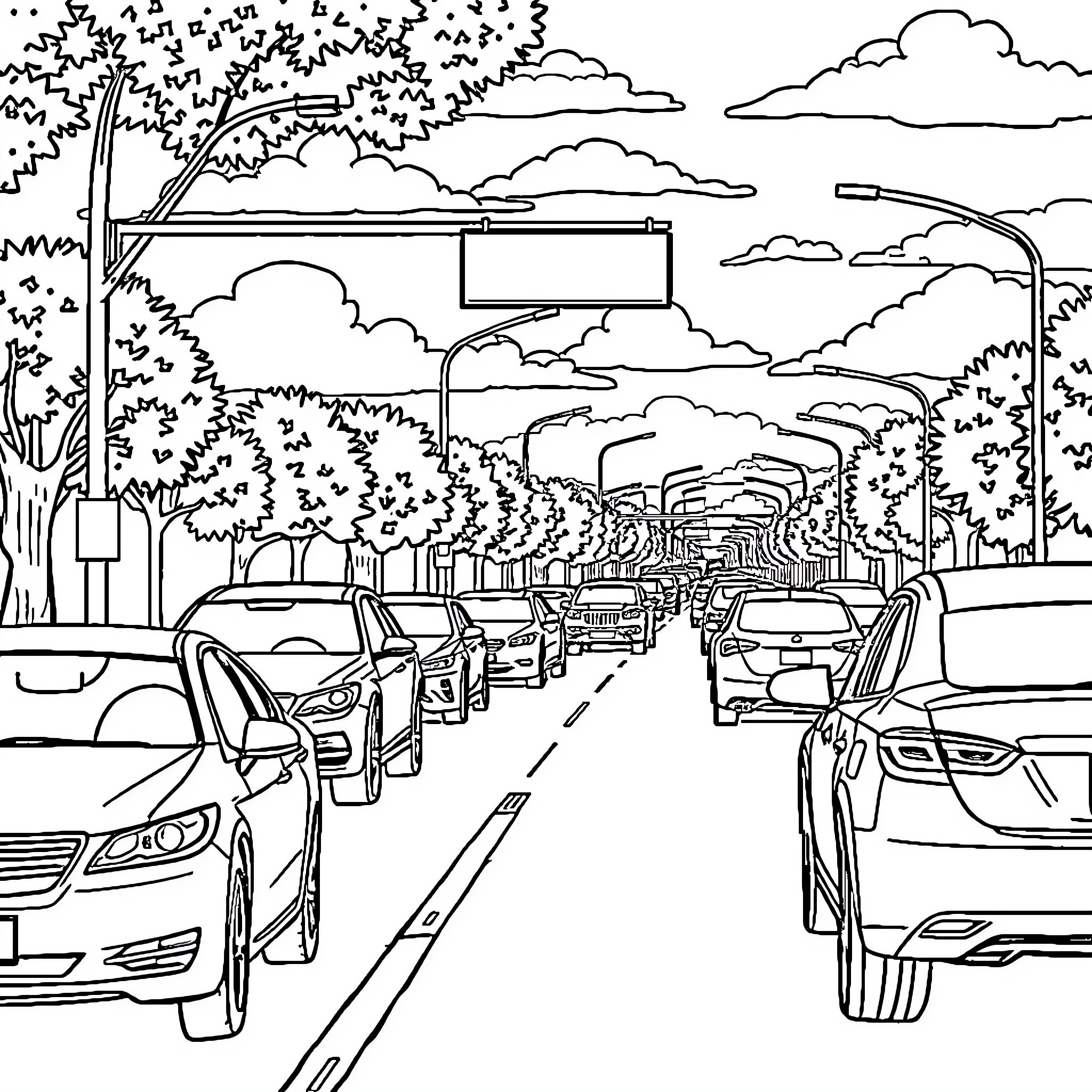 Payroll: Traffic congestion on the urban street Coloring Page (free black-and-white line drawing printable PDF for all, from beginners to advanced learners, including children, teens, adults, and seniors)