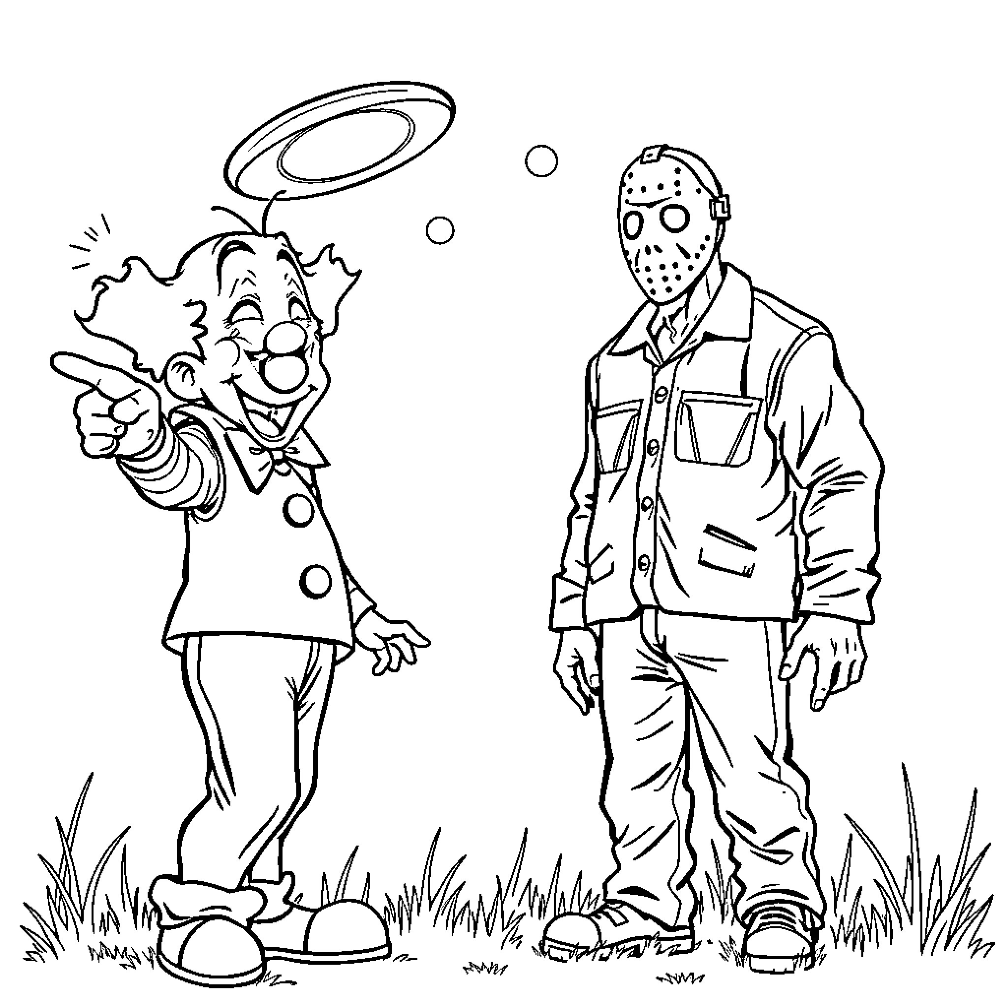 Clown's Playful Antics and Mysterious Masked Figure Coloring Page (free black-and-white line drawing printable PDF for all, from beginners to advanced learners, including children, teens, adults, and seniors)