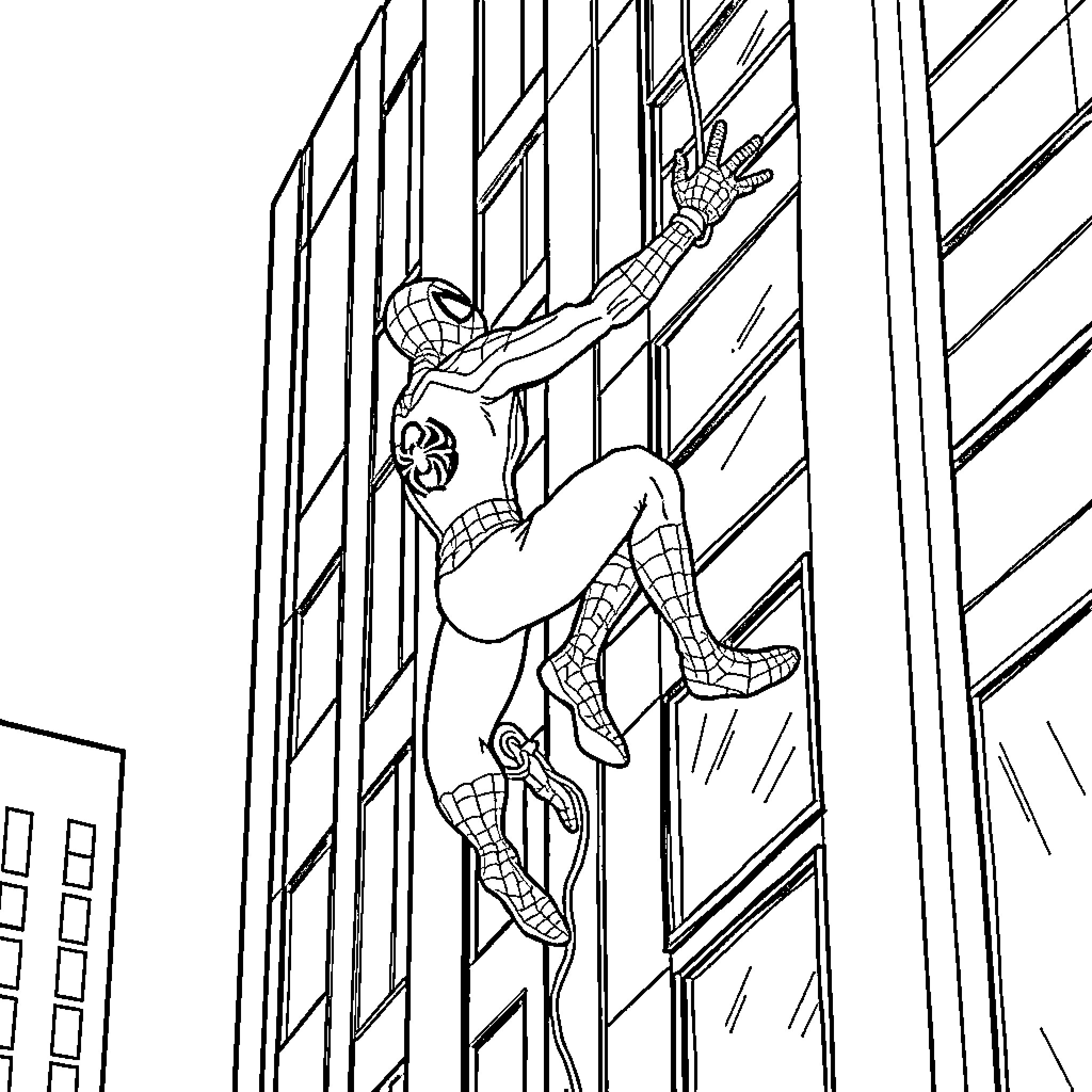 Spiderman scaling tall building with acrobatic agility Coloring Page (free black-and-white line drawing printable PDF for all, from beginners to advanced learners, including children, teens, adults, and seniors)