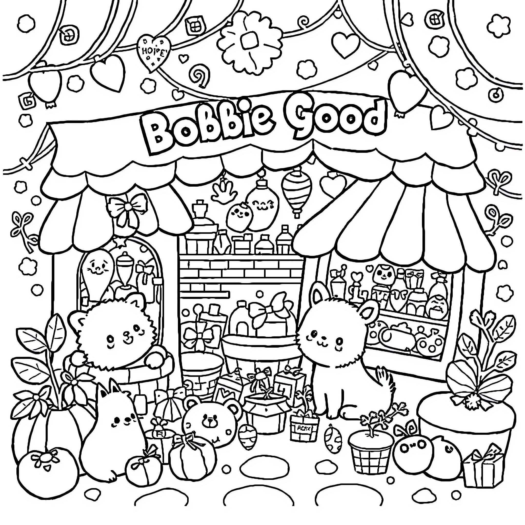 Bobbie Good's Charming Carnival of Delights Coloring Page (free black-and-white line drawing printable PDF for all, from beginners to advanced learners, including children, teens, adults, and seniors)