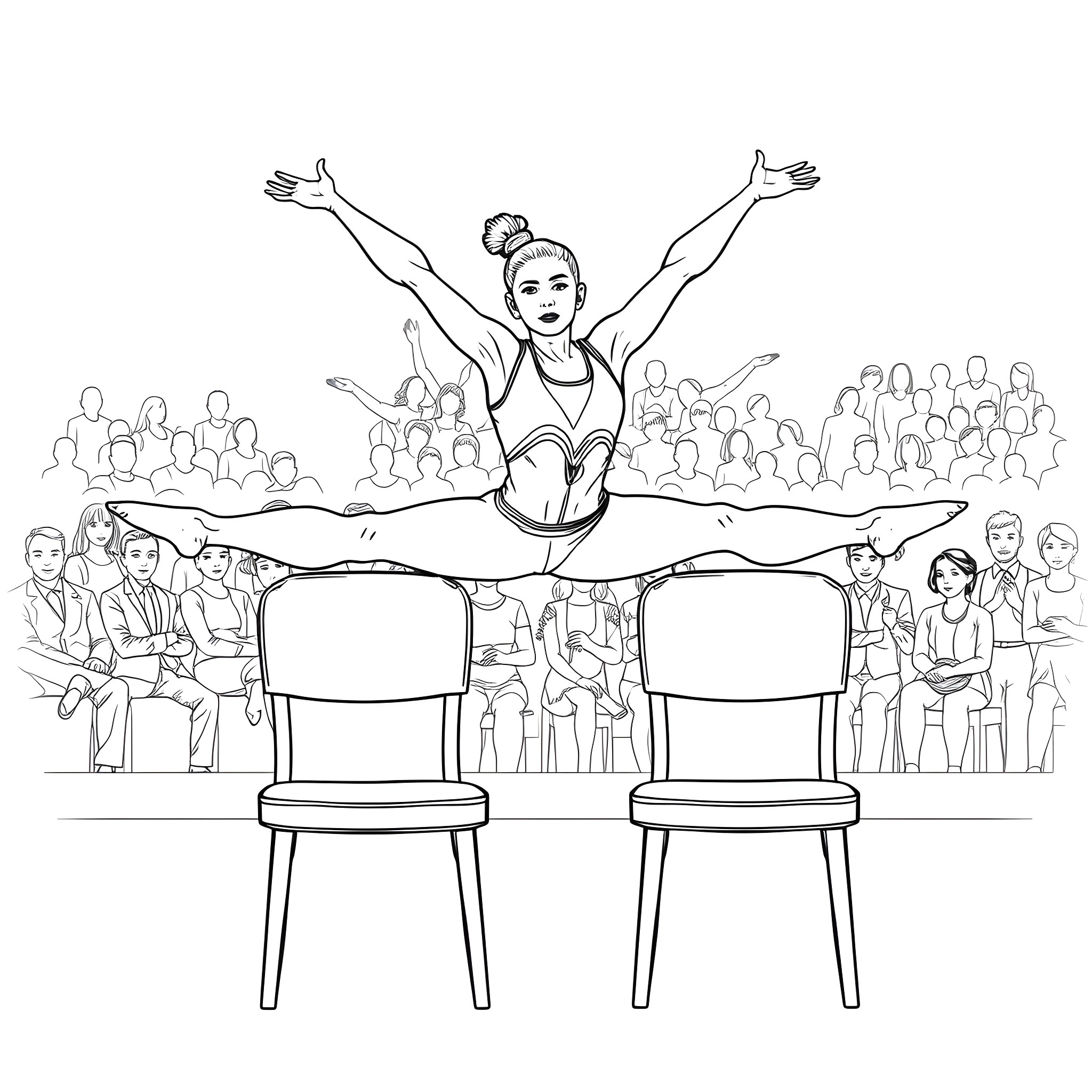 Gymnast performing acrobatic routine on stage Coloring Page (free black-and-white line drawing printable PDF for all, from beginners to advanced learners, including children, teens, adults, and seniors)