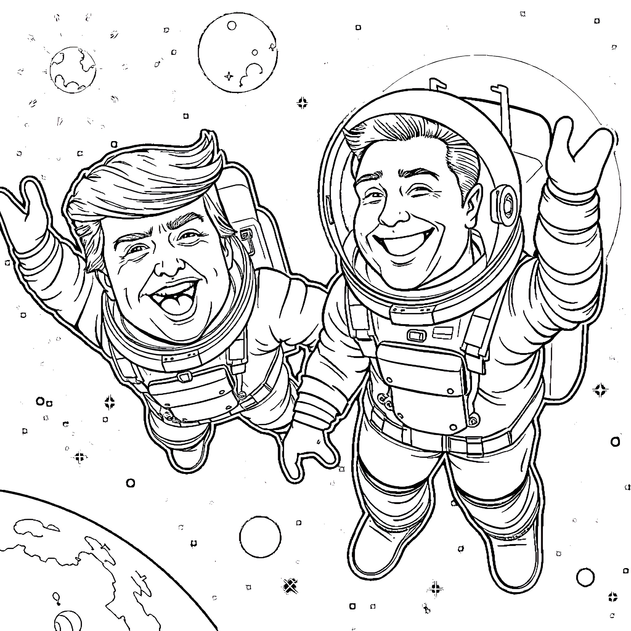Donald Trump and Ronald Reagan as Astronauts in Space Coloring Page (free black-and-white line drawing printable PDF for all, from beginners to advanced learners, including children, teens, adults, and seniors)