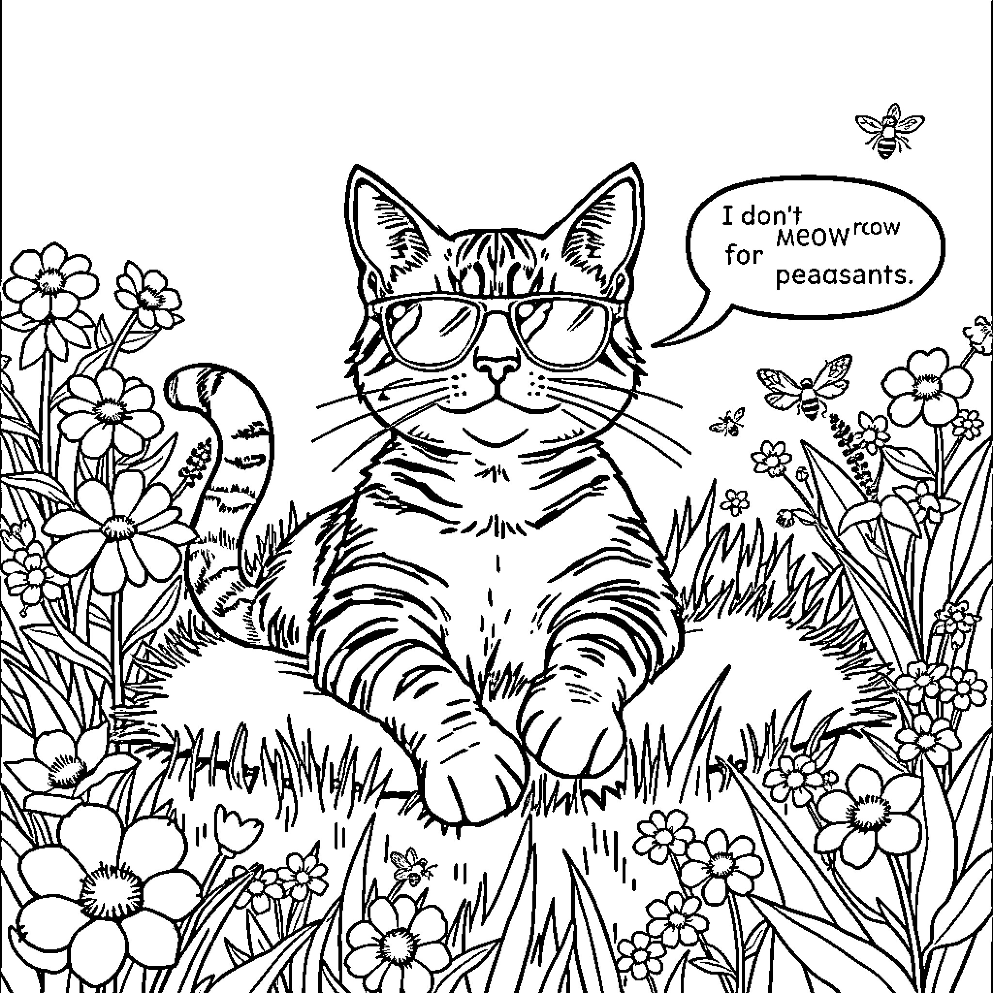Cat with Glasses Disdaining Peasants in Floral Garden Coloring Page (free black-and-white line drawing printable PDF for all, from beginners to advanced learners, including children, teens, adults, and seniors)