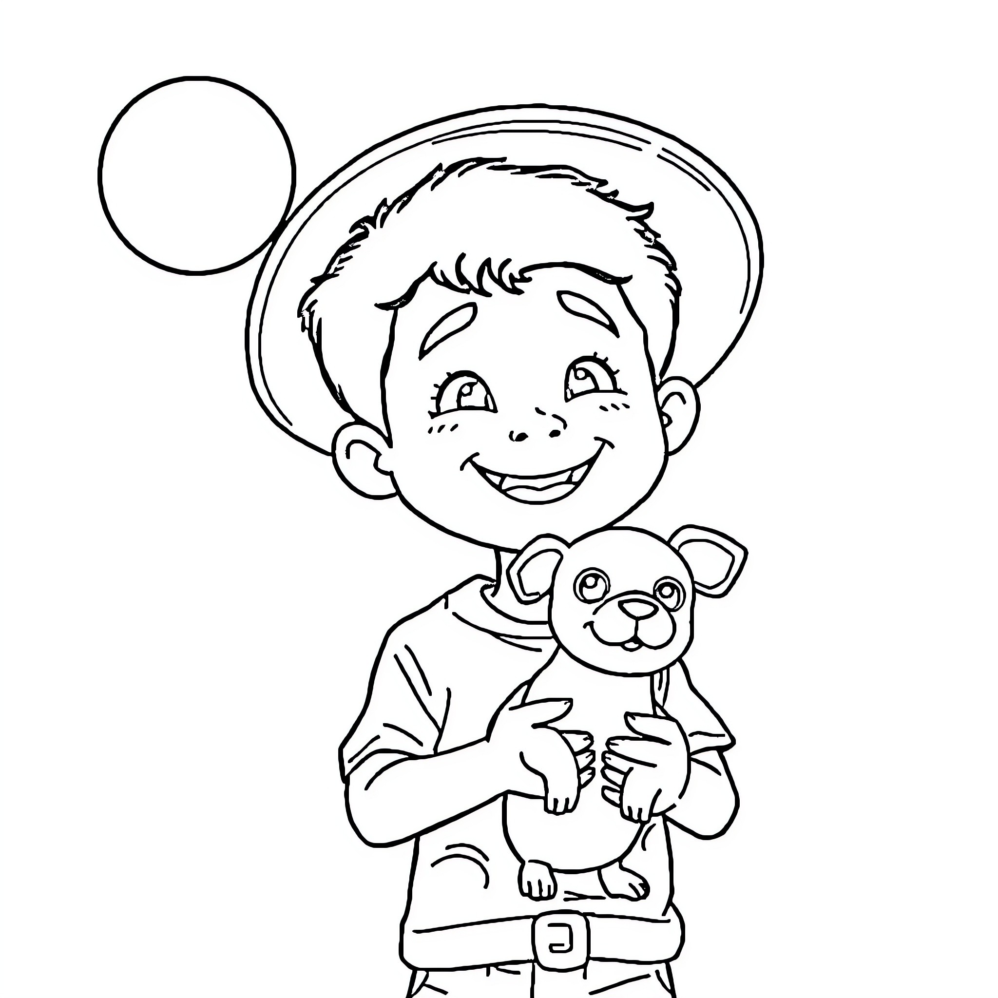 Boy happily holding a toy puppy Coloring Page (free black-and-white line drawing printable PDF for all, from beginners to advanced learners, including children, teens, adults, and seniors)