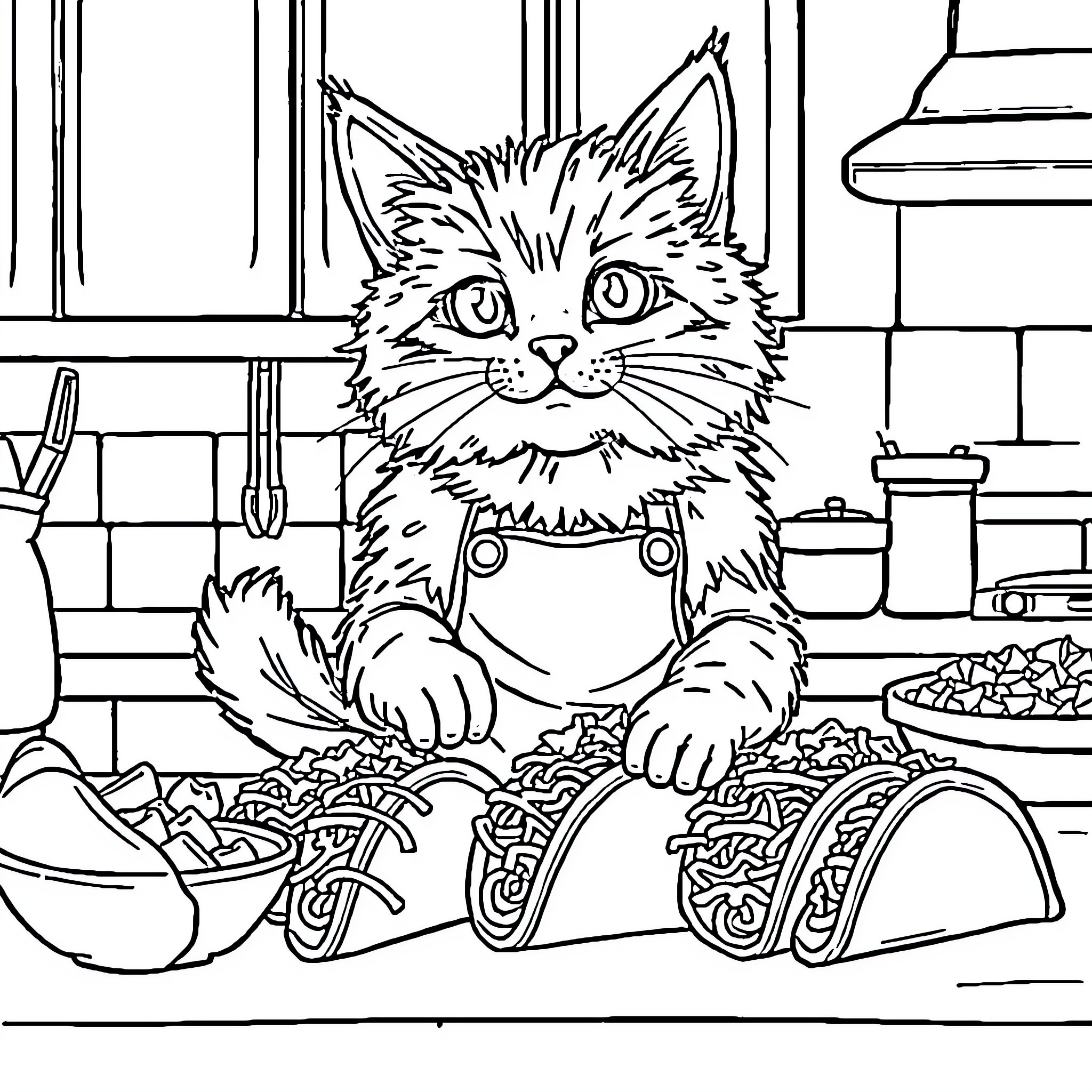 Cat enjoying a meal in the kitchen Coloring Page (free black-and-white line drawing printable PDF for all, from beginners to advanced learners, including children, teens, adults, and seniors)