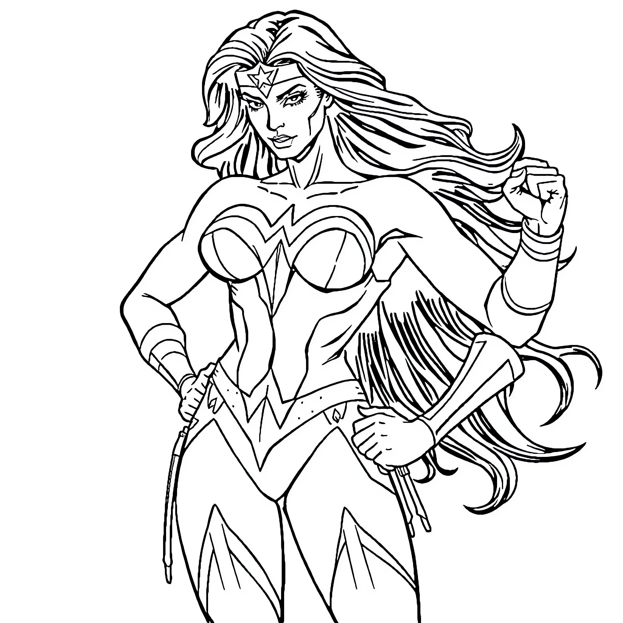 Wonder Woman in Action Stance with Sword Coloring Page (free black-and-white line drawing printable PDF for all, from beginners to advanced learners, including children, teens, adults, and seniors)