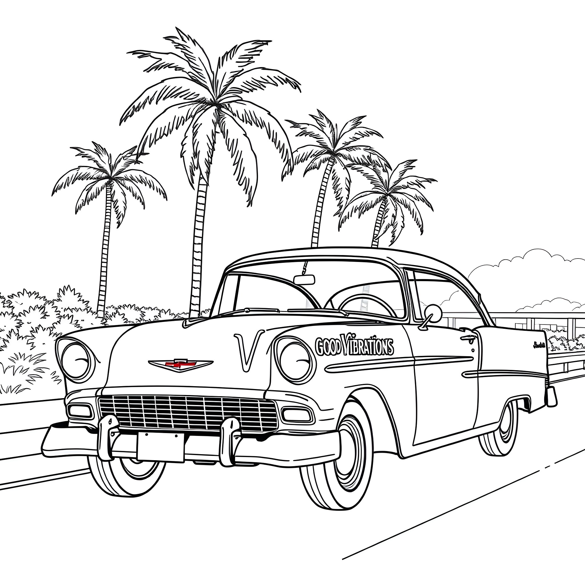 Chevy cruising on the beach with palm trees Coloring Page (free black-and-white line drawing printable PDF for all, from beginners to advanced learners, including children, teens, adults, and seniors)