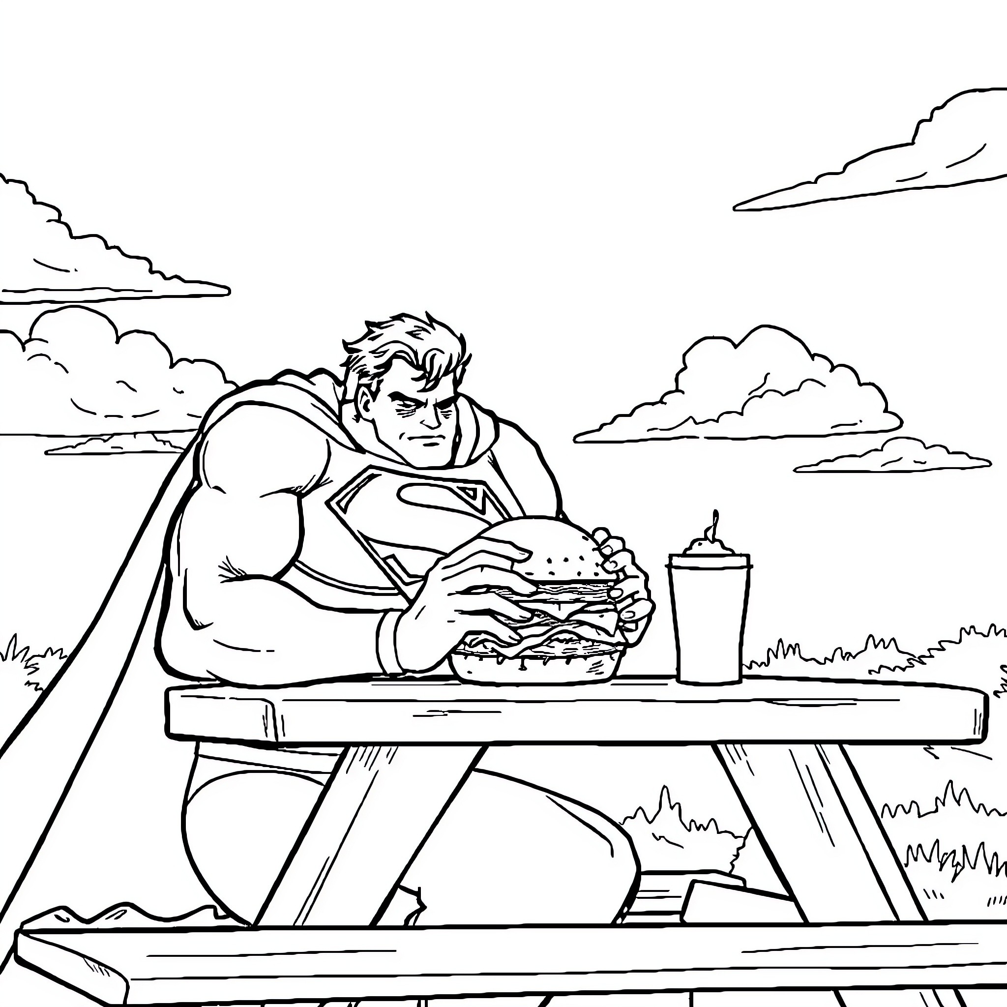Superman enjoys a burger and drink during a break Coloring Page (free black-and-white line drawing printable PDF for all, from beginners to advanced learners, including children, teens, adults, and seniors)