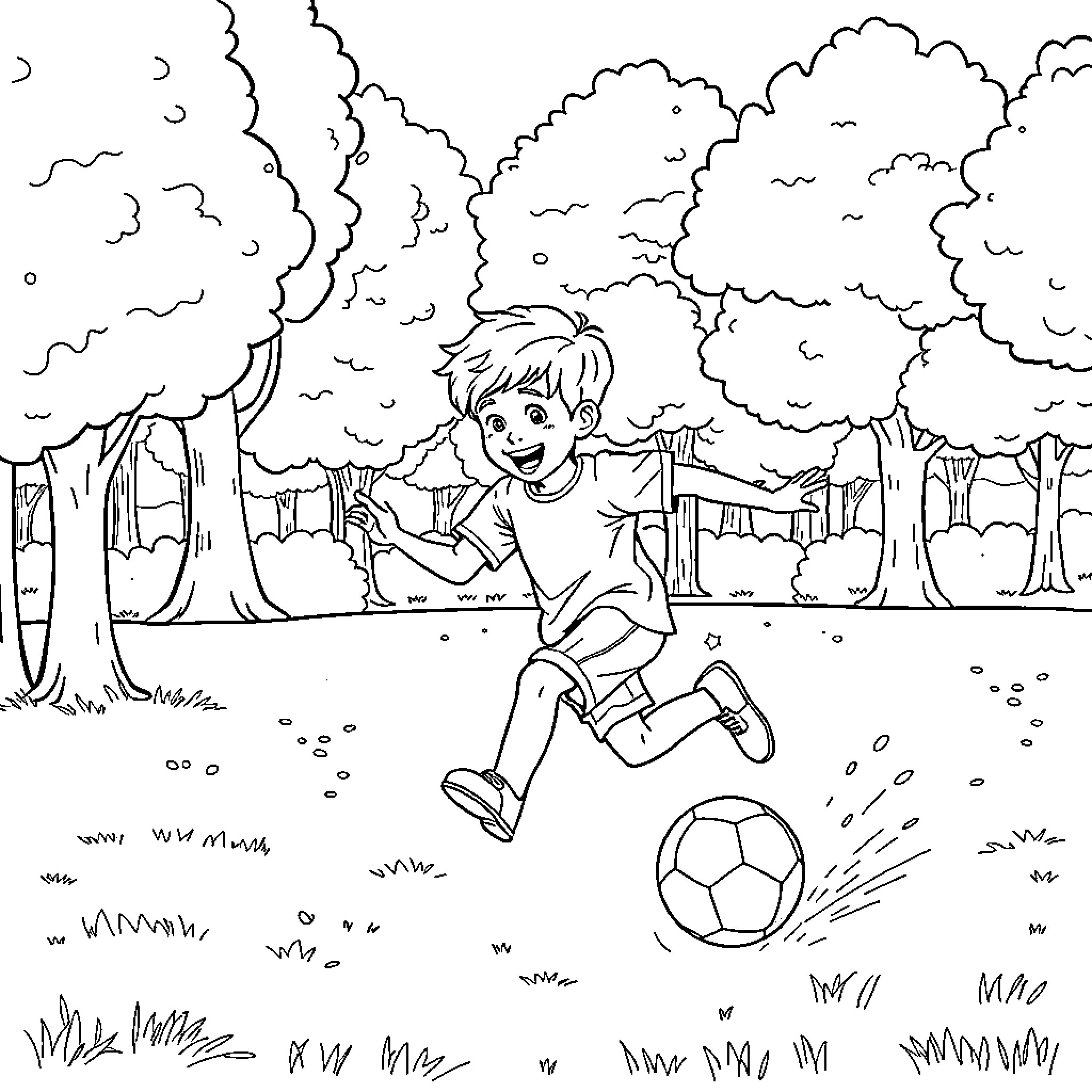 Child Playing with Soccer Ball in the Park Coloring Page (free black-and-white line drawing printable PDF for all, from beginners to advanced learners, including children, teens, adults, and seniors)