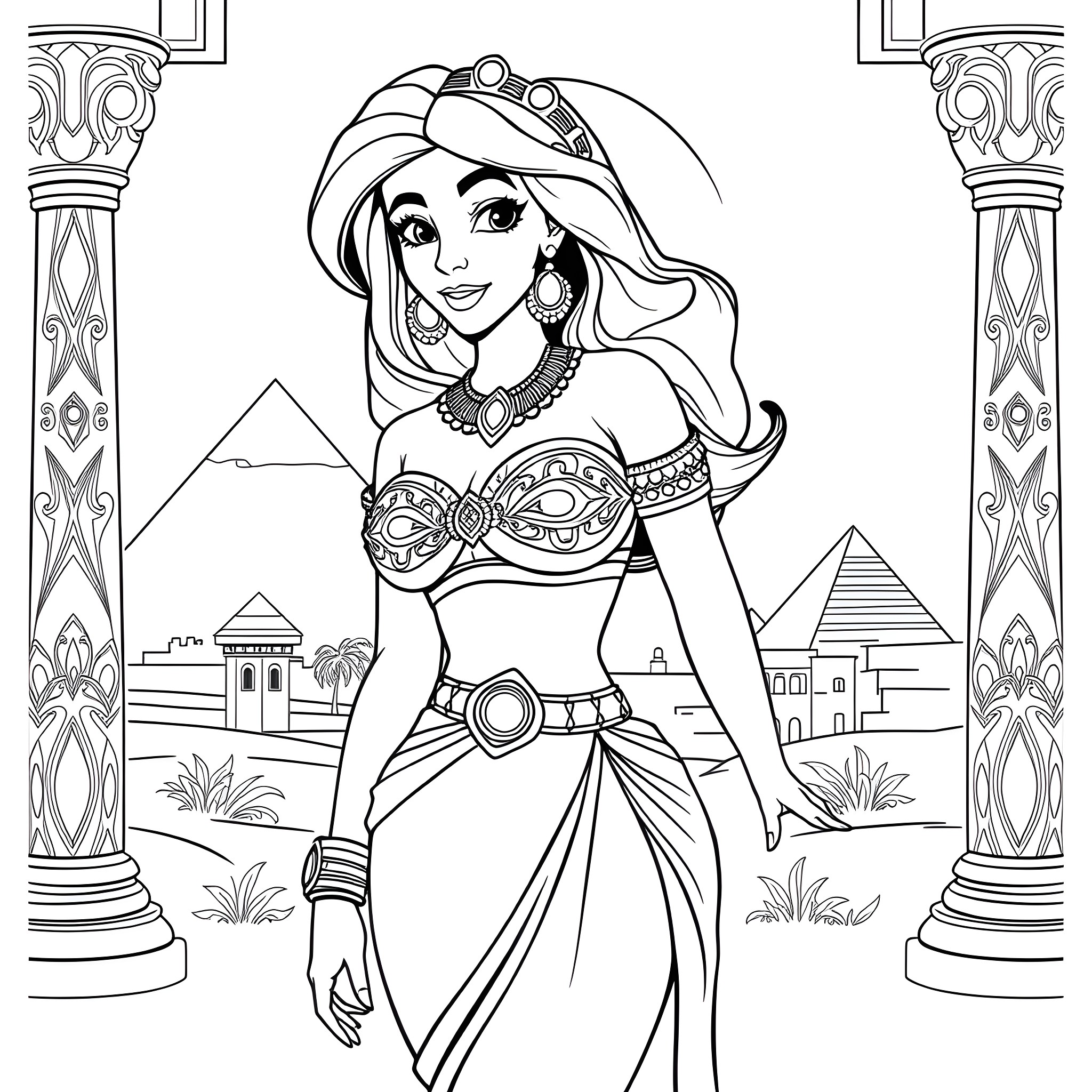 Princess Jasmine in traditional Middle Eastern attire Coloring Page (free black-and-white line drawing printable PDF for all, from beginners to advanced learners, including children, teens, adults, and seniors)