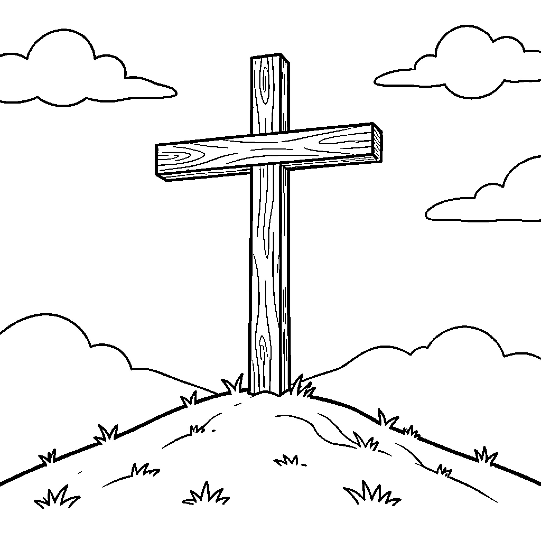 Cross standing on a grassy hill under clouds Coloring Page (free black-and-white line drawing printable PDF for all, from beginners to advanced learners, including children, teens, adults, and seniors)