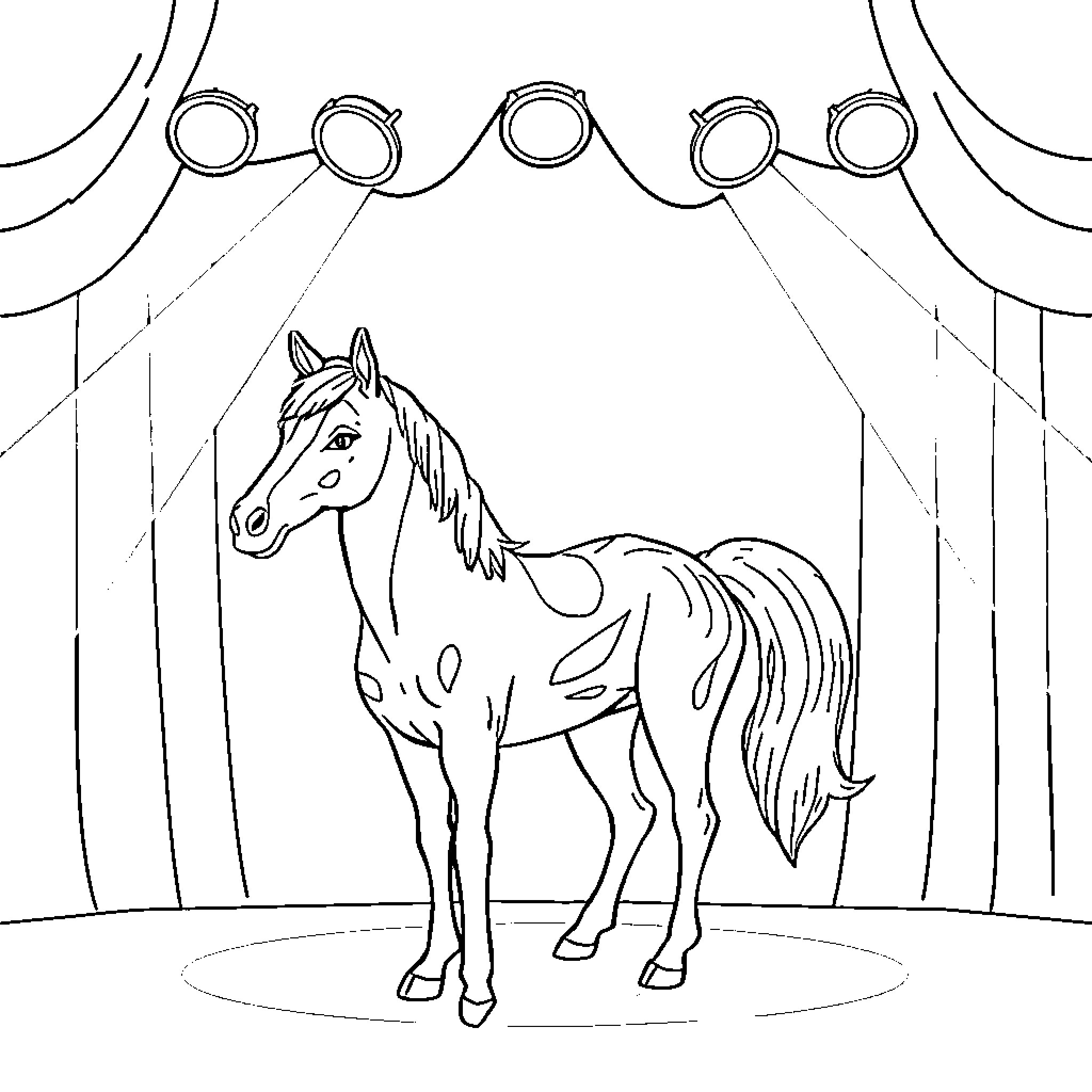 Huntrix's Majestic Equine Performance Coloring Page (free black-and-white line drawing printable PDF for all, from beginners to advanced learners, including children, teens, adults, and seniors)