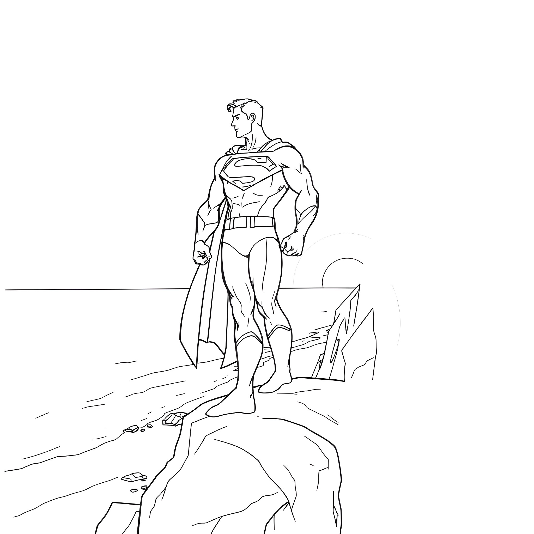 Superman standing tall on rocky terrain Coloring Page (free black-and-white line drawing printable PDF for all, from beginners to advanced learners, including children, teens, adults, and seniors)