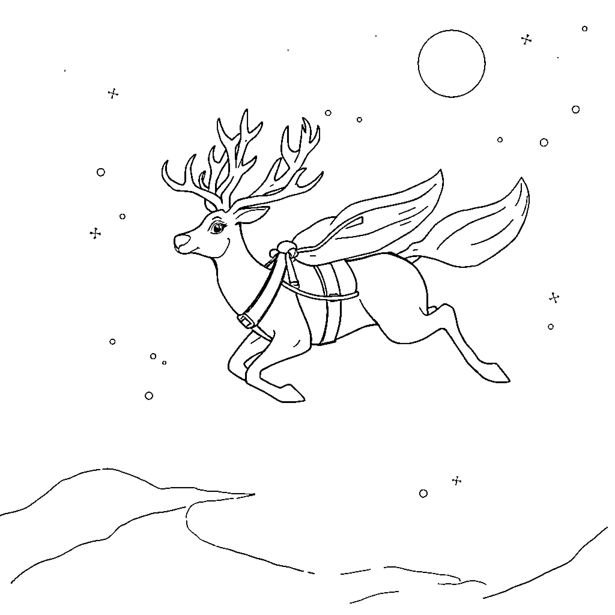 Reindeer soaring over snowy landscape Coloring Page (free black-and-white line drawing printable PDF for all, from beginners to advanced learners, including children, teens, adults, and seniors)