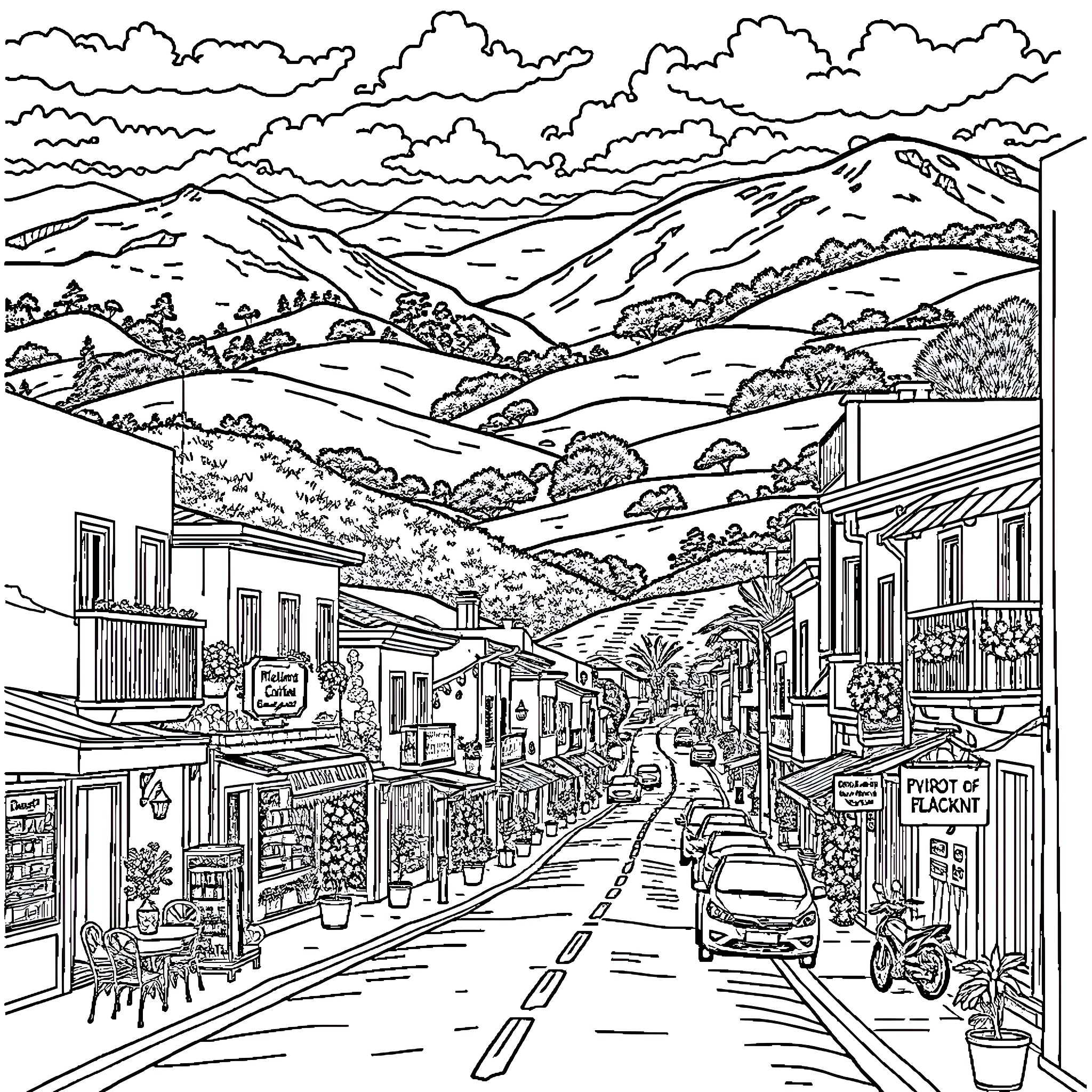 Colombia and Ireland: Mountain village with bustling market street Coloring Page (free black-and-white line drawing printable PDF for all, from beginners to advanced learners, including children, teens, adults, and seniors)