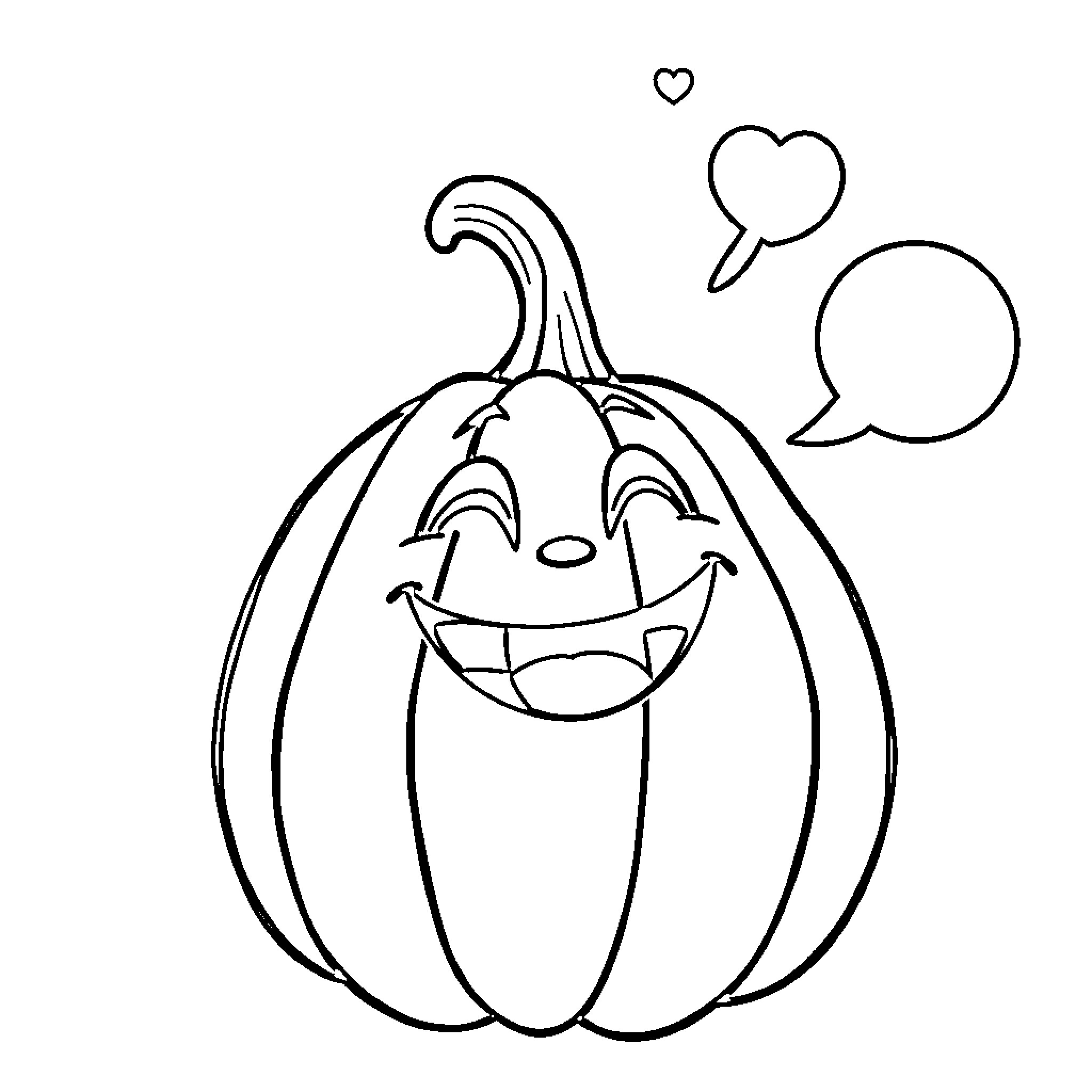 Pumpkin with a happy face and speech bubbles Coloring Page (free black-and-white line drawing printable PDF for all, from beginners to advanced learners, including children, teens, adults, and seniors)