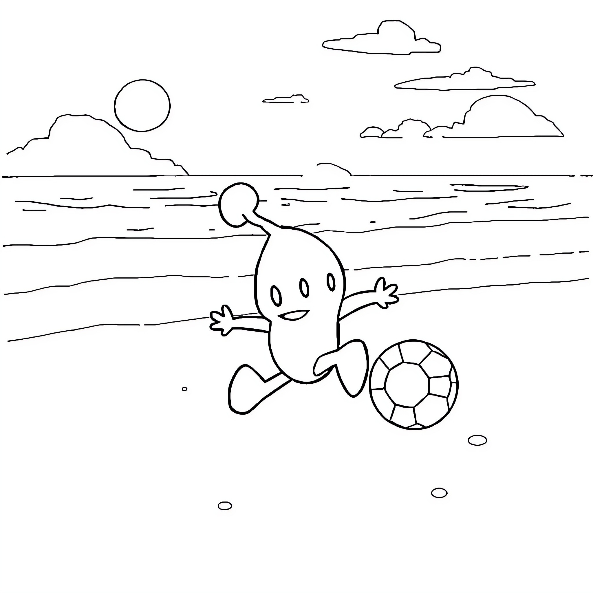 Pikmin playing happily with beach ball on the shore Coloring Page (free black-and-white line drawing printable PDF for all, from beginners to advanced learners, including children, teens, adults, and seniors)