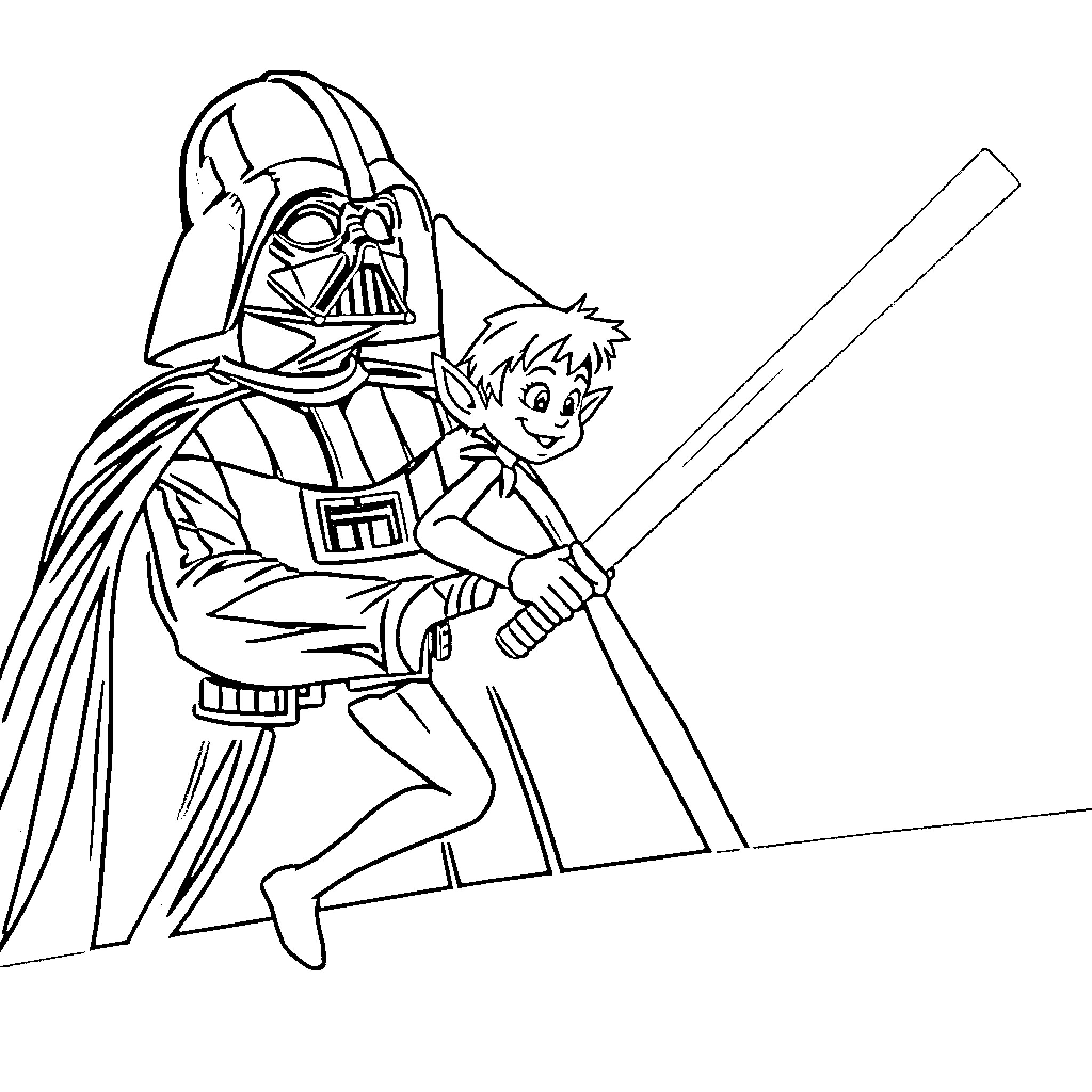 Elf and Darth Vader in Lightsaber Duel Coloring Page (free black-and-white line drawing printable PDF for all, from beginners to advanced learners, including children, teens, adults, and seniors)