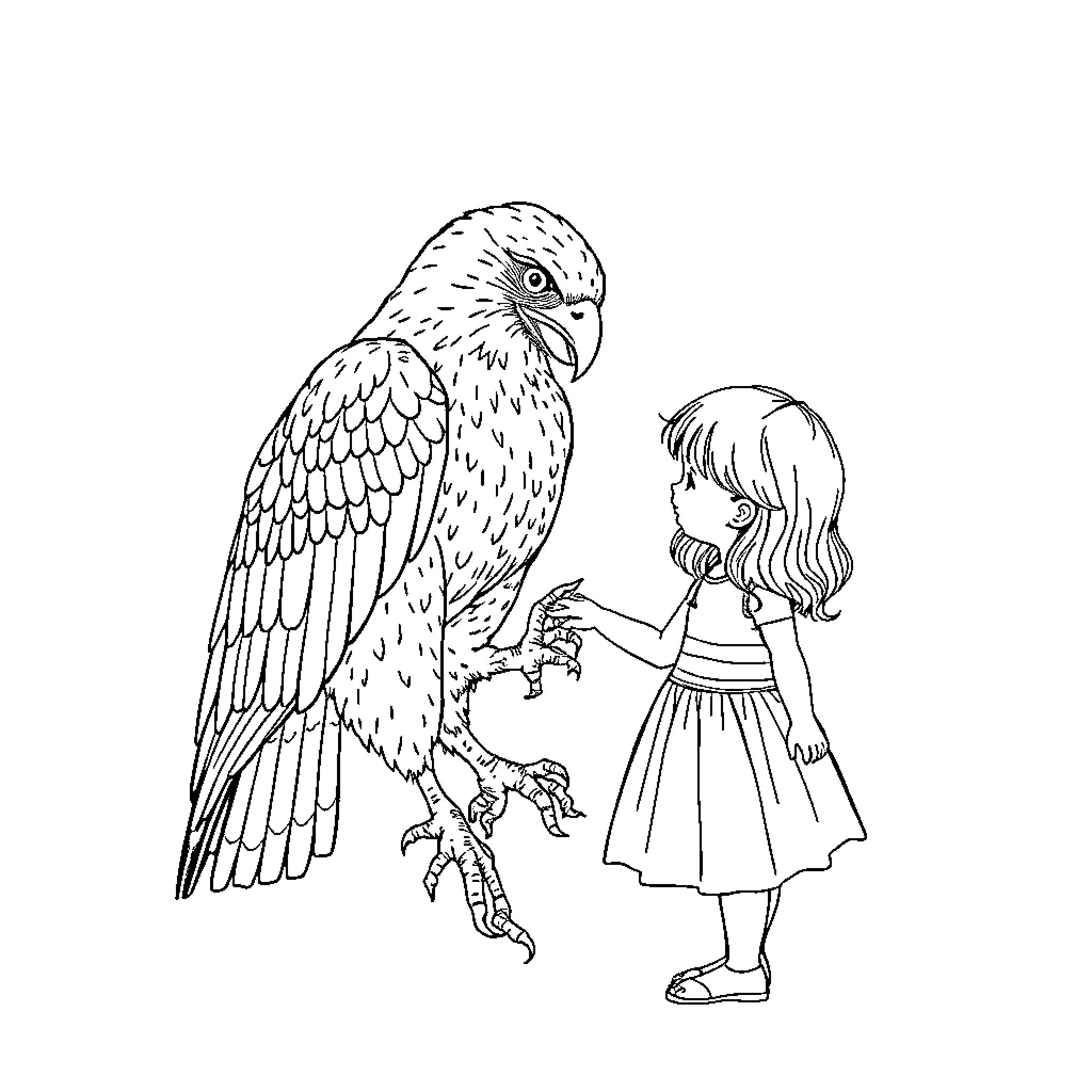 Hawk befriending a young girl Coloring Page (free black-and-white line drawing printable PDF for all, from beginners to advanced learners, including children, teens, adults, and seniors)