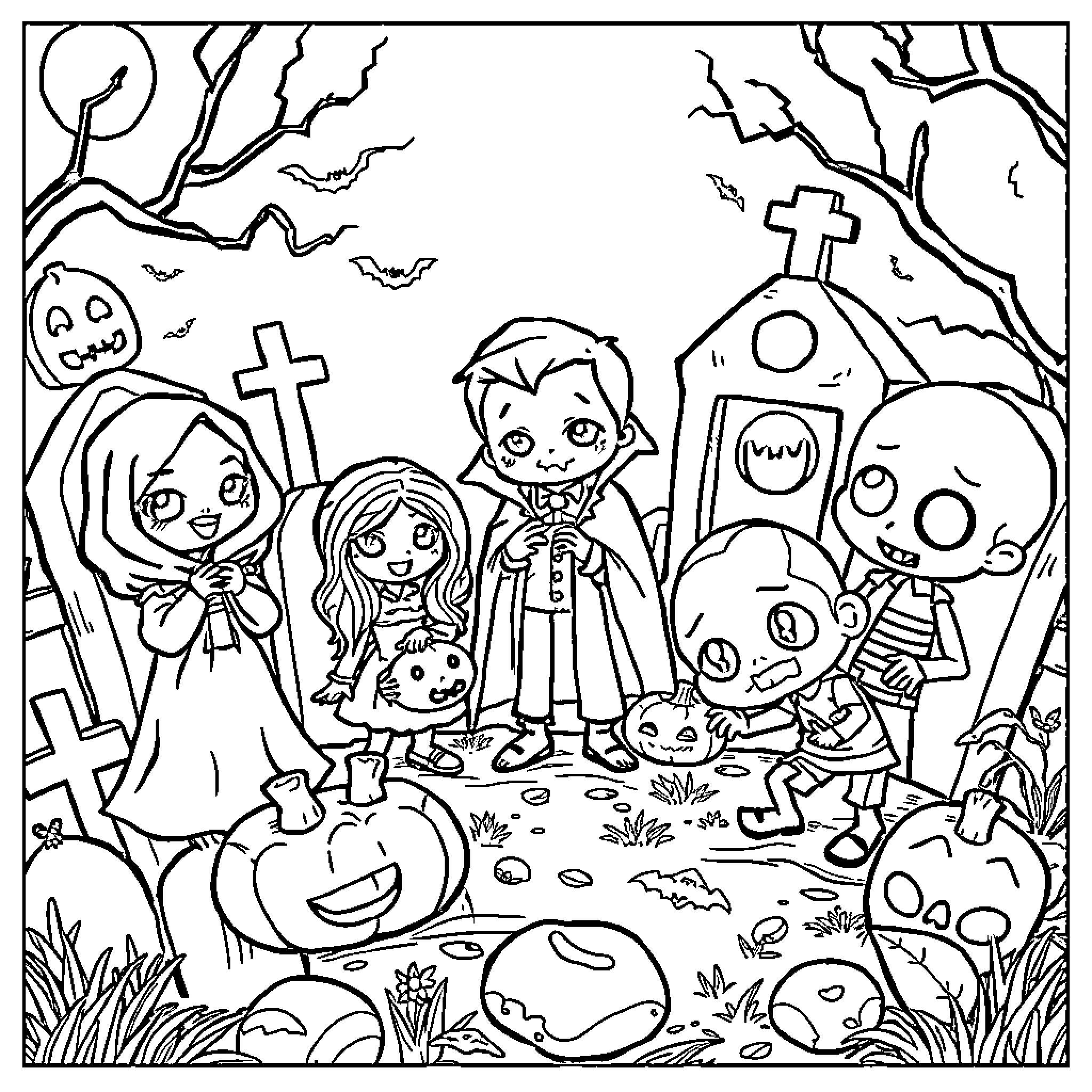 Halloween characters in a spooky graveyard scene Coloring Page (free black-and-white line drawing printable PDF for all, from beginners to advanced learners, including children, teens, adults, and seniors)