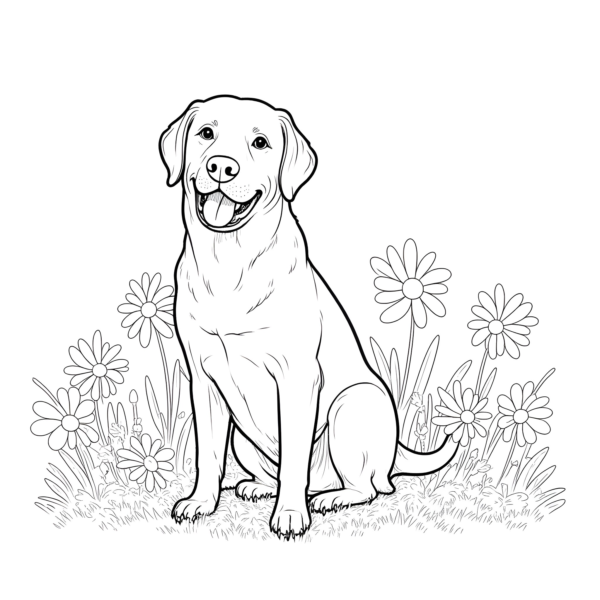 Labrador relaxing amidst blooming flowers Coloring Page (free black-and-white line drawing printable PDF for all, from beginners to advanced learners, including children, teens, adults, and seniors)