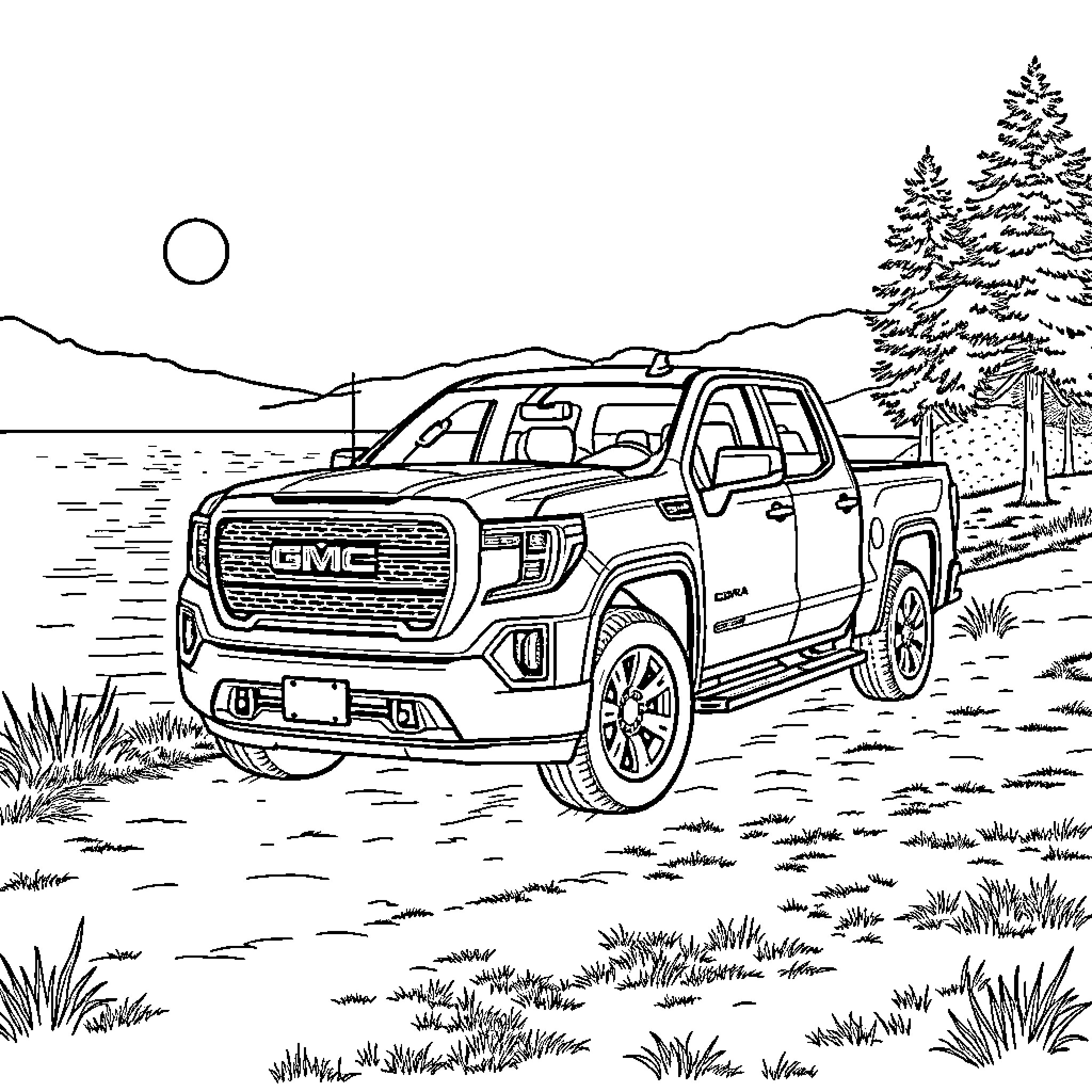 Truck parked in scenic mountain landscape Coloring Page (free black-and-white line drawing printable PDF for all, from beginners to advanced learners, including children, teens, adults, and seniors)
