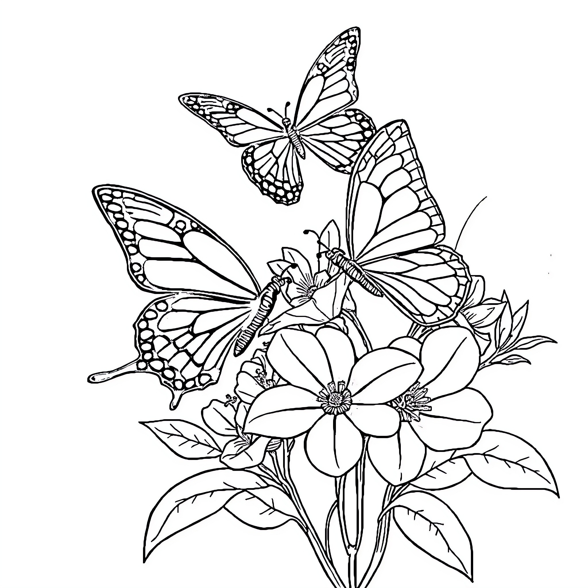 Butterfly Fluttering Gracefully Among Flowers Coloring Page (free black-and-white line drawing printable PDF for all, from beginners to advanced learners, including children, teens, adults, and seniors)