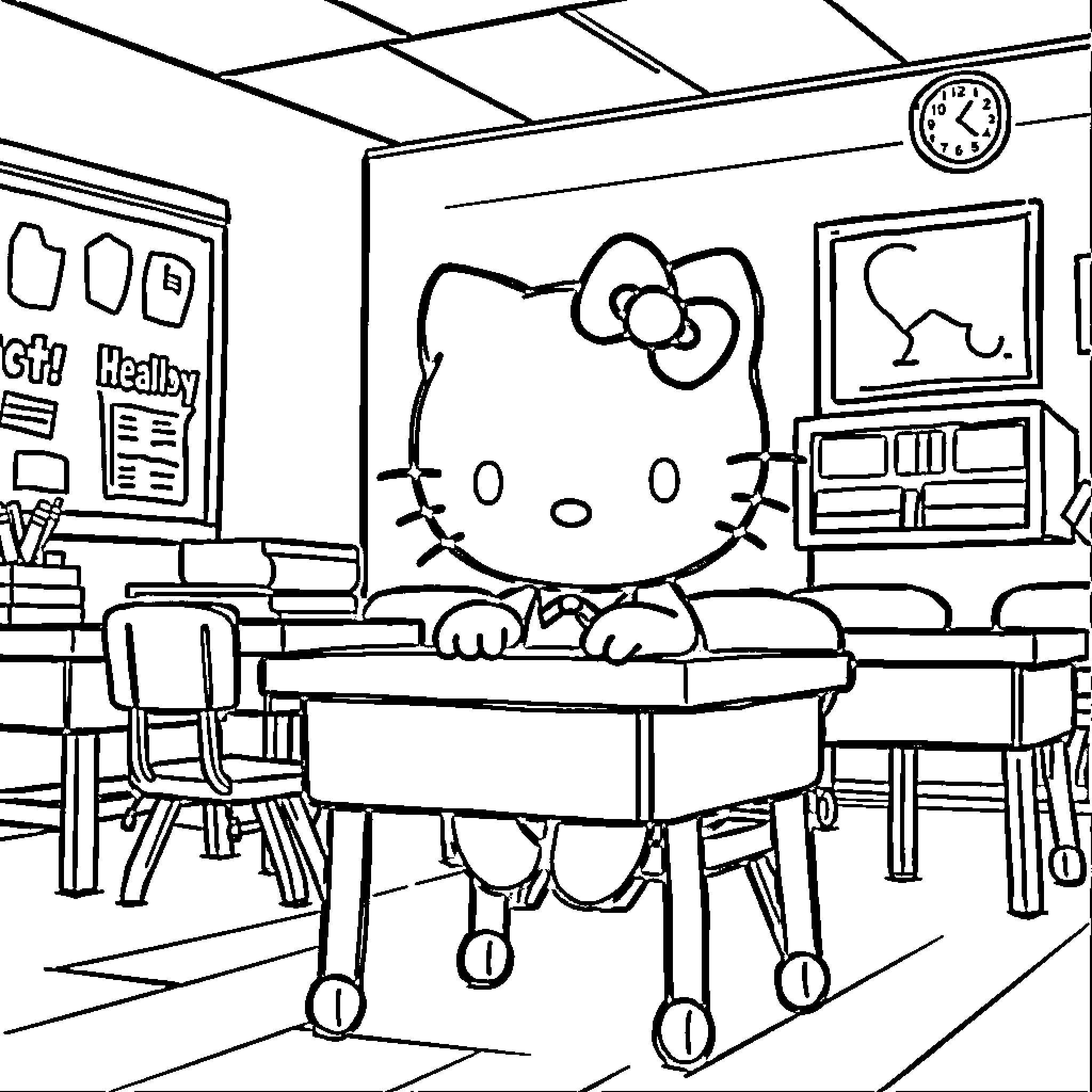 Hello Kitty sitting at a desk in the classroom Coloring Page (free black-and-white line drawing printable PDF for all, from beginners to advanced learners, including children, teens, adults, and seniors)
