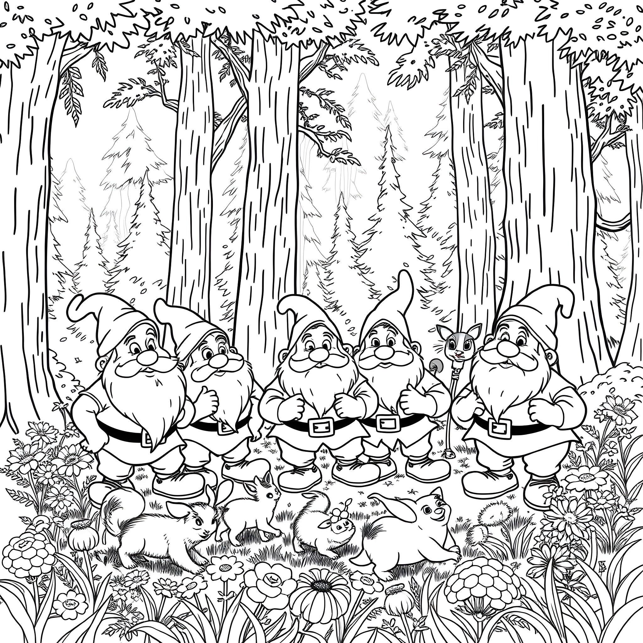 Dwarf companions enjoying the forest scenery Coloring Page (free black-and-white line drawing printable PDF for all, from beginners to advanced learners, including children, teens, adults, and seniors)