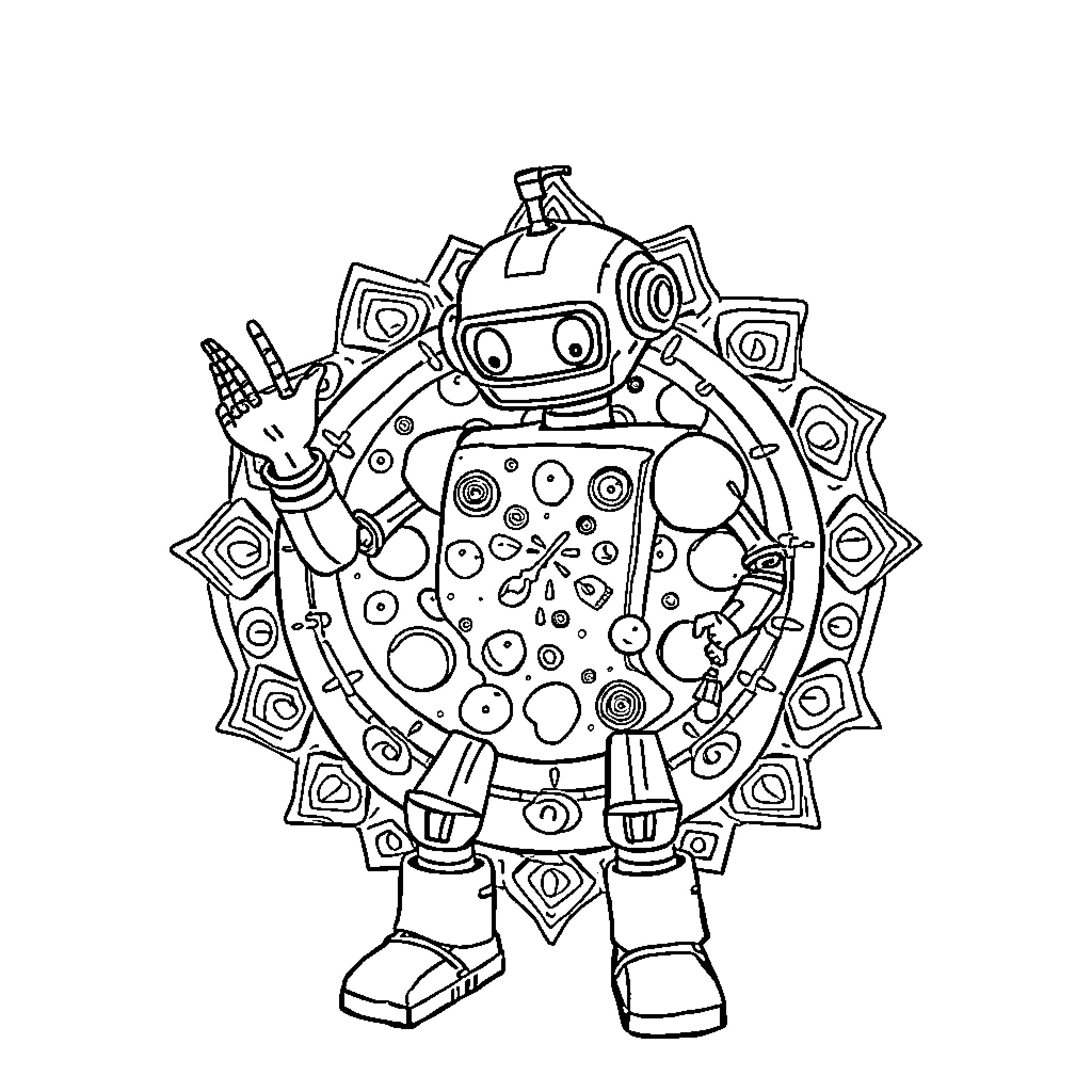 Robot exploring colorful and intricate mechanical world Coloring Page (free black-and-white line drawing printable PDF for all, from beginners to advanced learners, including children, teens, adults, and seniors)