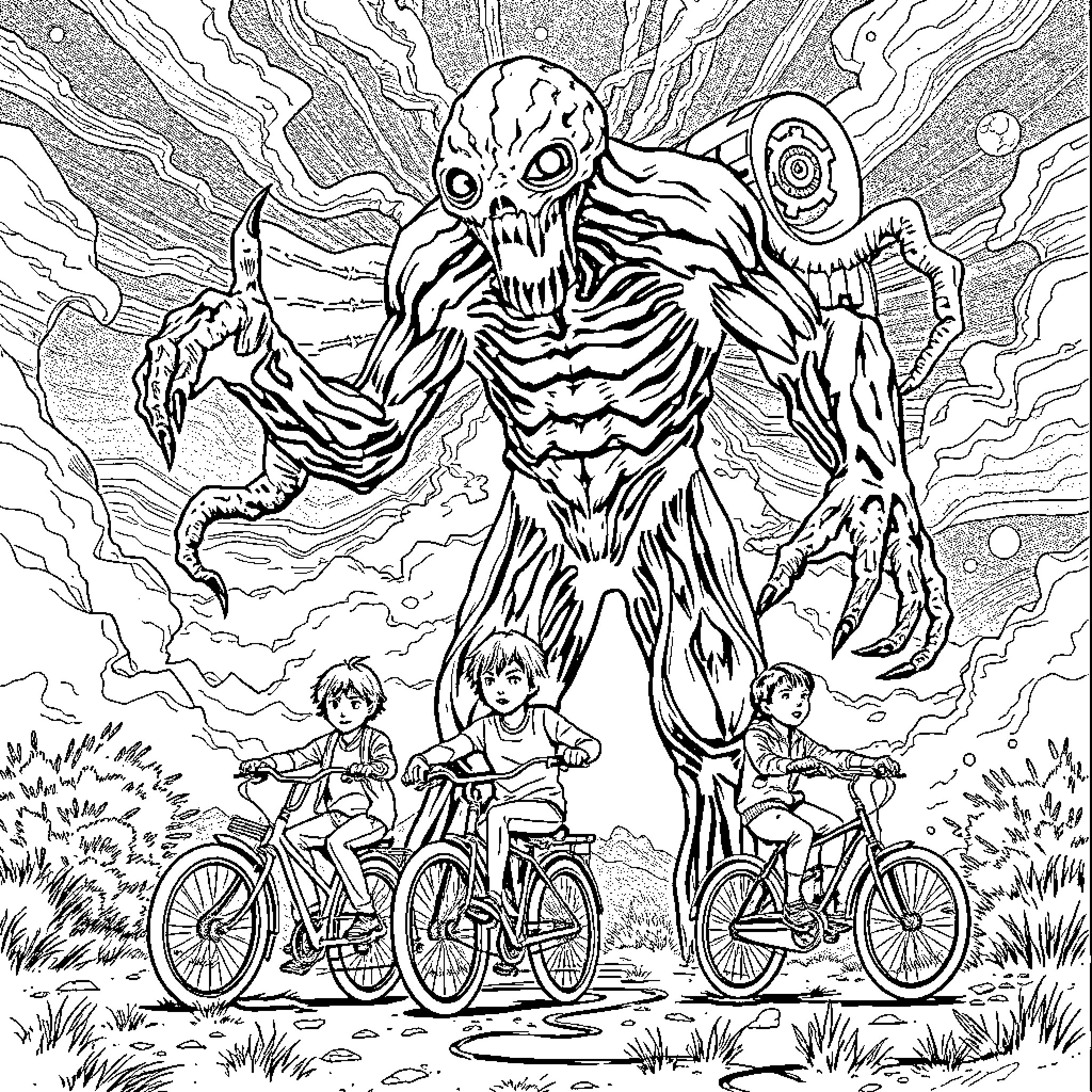 MindFlayer Confronts Bikers in Eerie Landscape Coloring Page (free black-and-white line drawing printable PDF for all, from beginners to advanced learners, including children, teens, adults, and seniors)