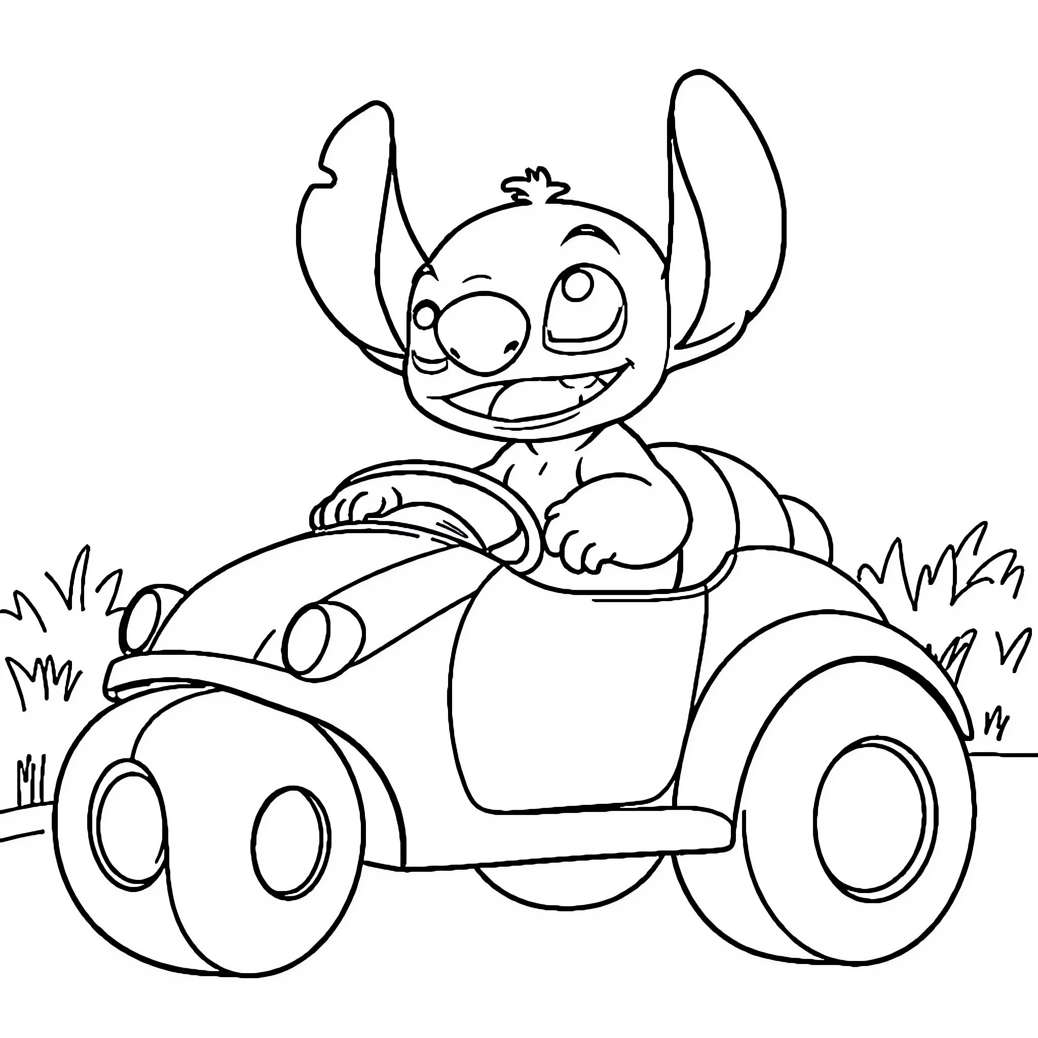 Stitch driving an adorable car Coloring Page (free black-and-white line drawing printable PDF for all, from beginners to advanced learners, including children, teens, adults, and seniors)