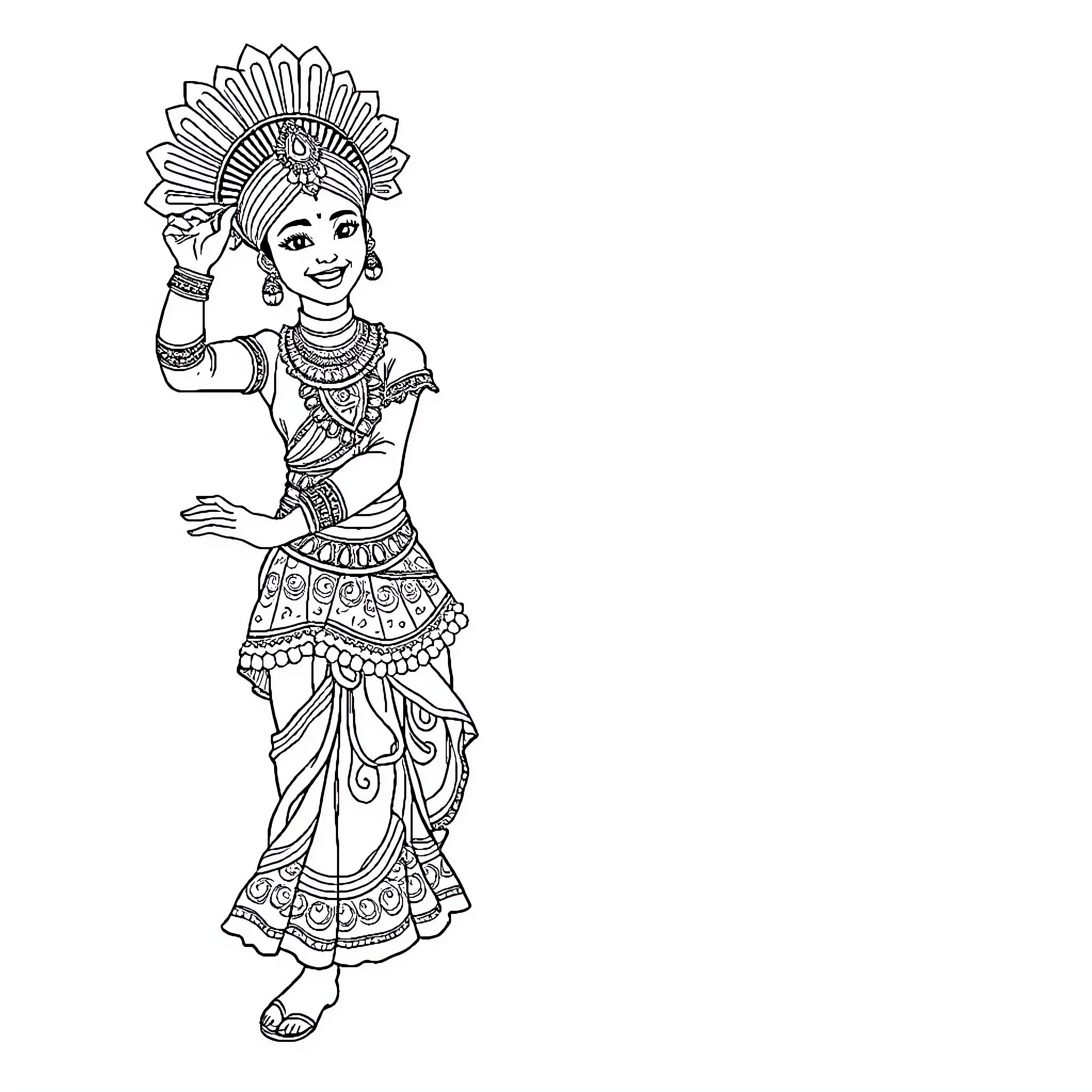 Dancer performing traditional cultural dance Coloring Page (free black-and-white line drawing printable PDF for all, from beginners to advanced learners, including children, teens, adults, and seniors)