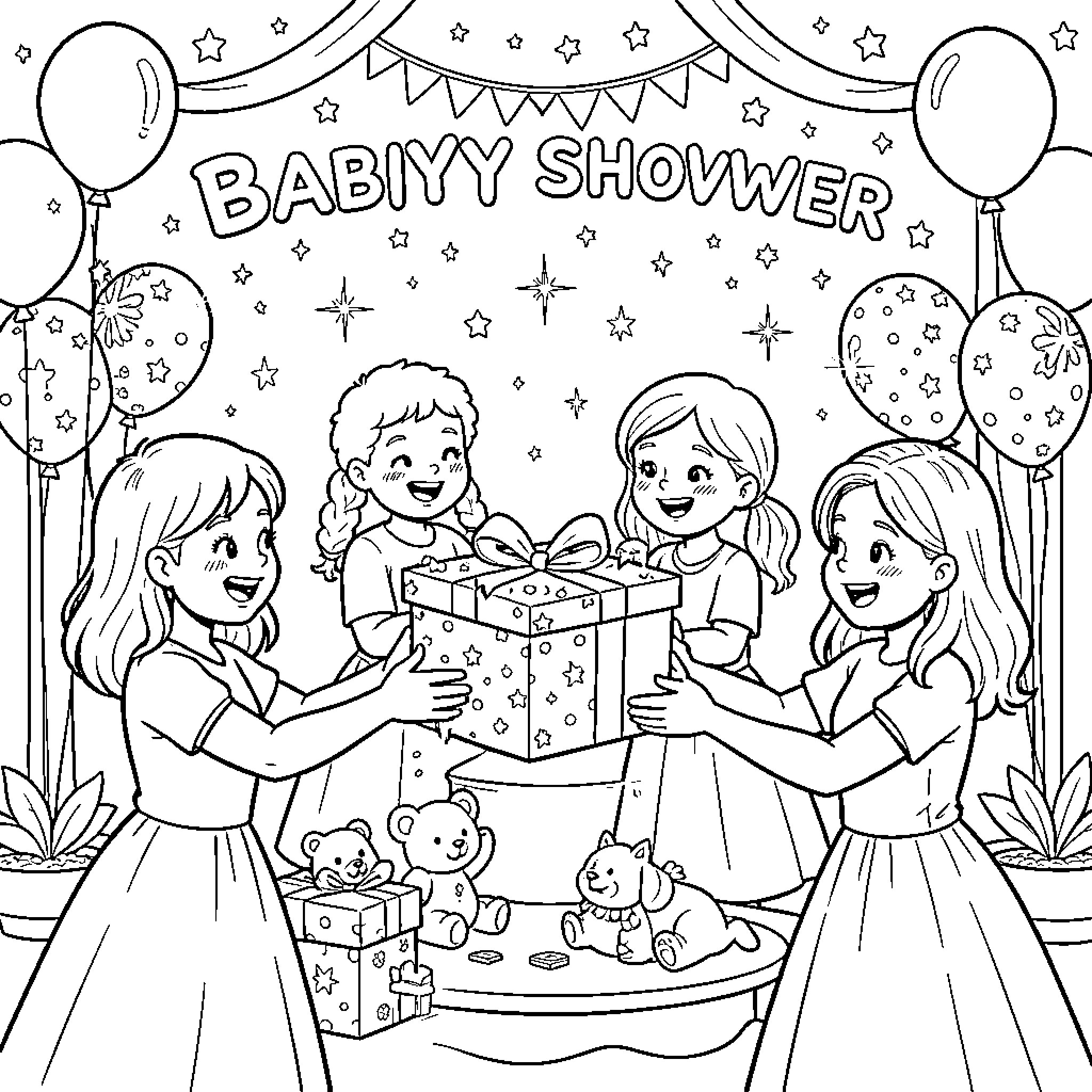 Baby Shower Celebration with Friends Coloring Page (free black-and-white line drawing printable PDF for all, from beginners to advanced learners, including children, teens, adults, and seniors)