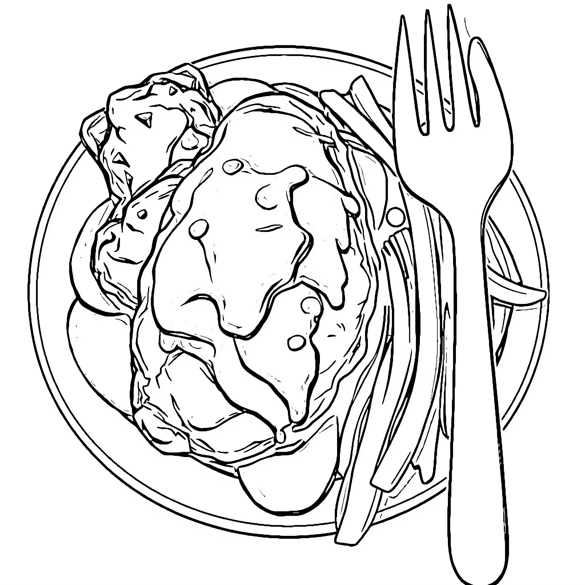 Chicken dish served on a plate with utensils Coloring Page (free black-and-white line drawing printable PDF for all, from beginners to advanced learners, including children, teens, adults, and seniors)