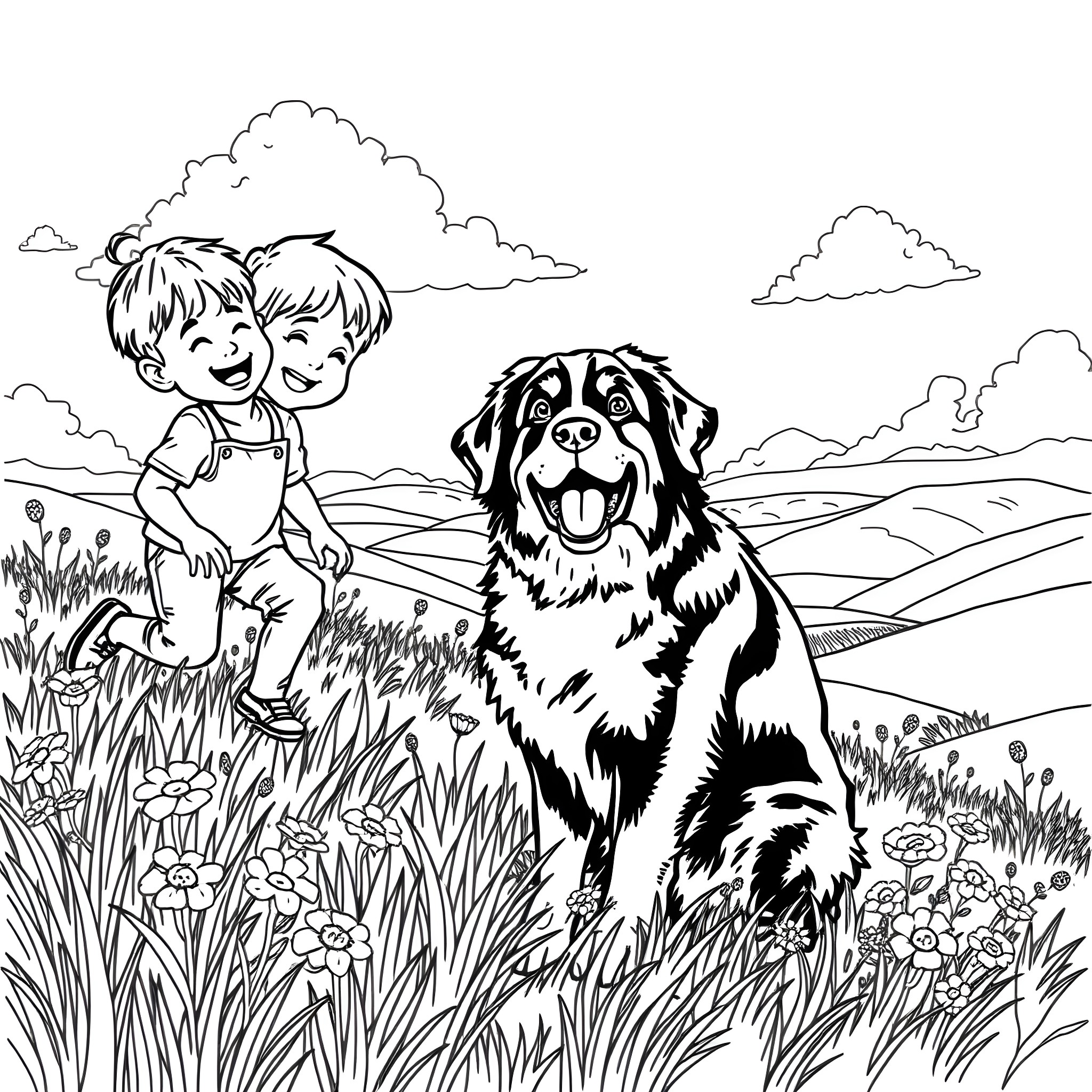 Kid playing happily with dog in meadow Coloring Page (free black-and-white line drawing printable PDF for all, from beginners to advanced learners, including children, teens, adults, and seniors)