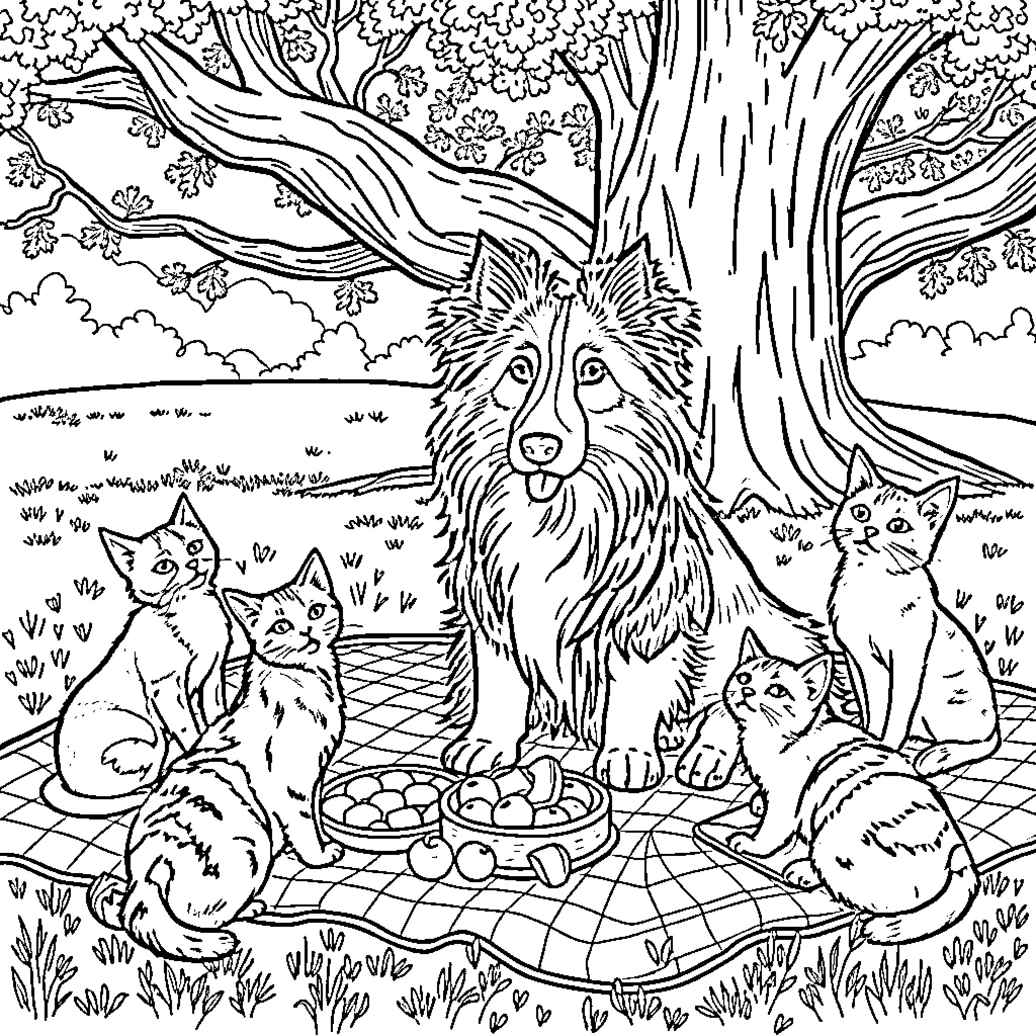 Shetland Sheepdog with Cats in Forest Picnic Scene Coloring Page (free black-and-white line drawing printable PDF for all, from beginners to advanced learners, including children, teens, adults, and seniors)