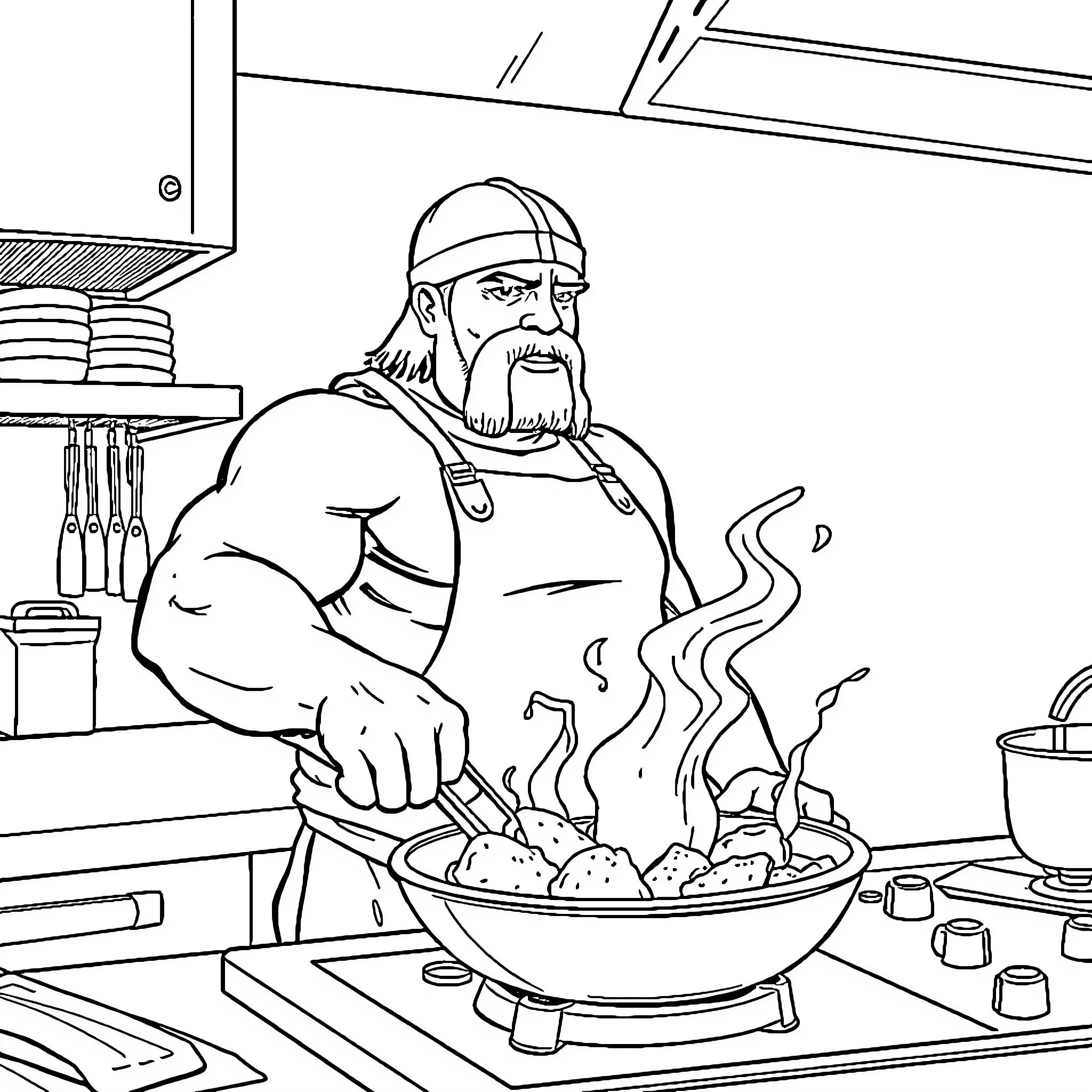Hulk Hogan cooking a hearty meal in the kitchen Coloring Page (free black-and-white line drawing printable PDF for all, from beginners to advanced learners, including children, teens, adults, and seniors)