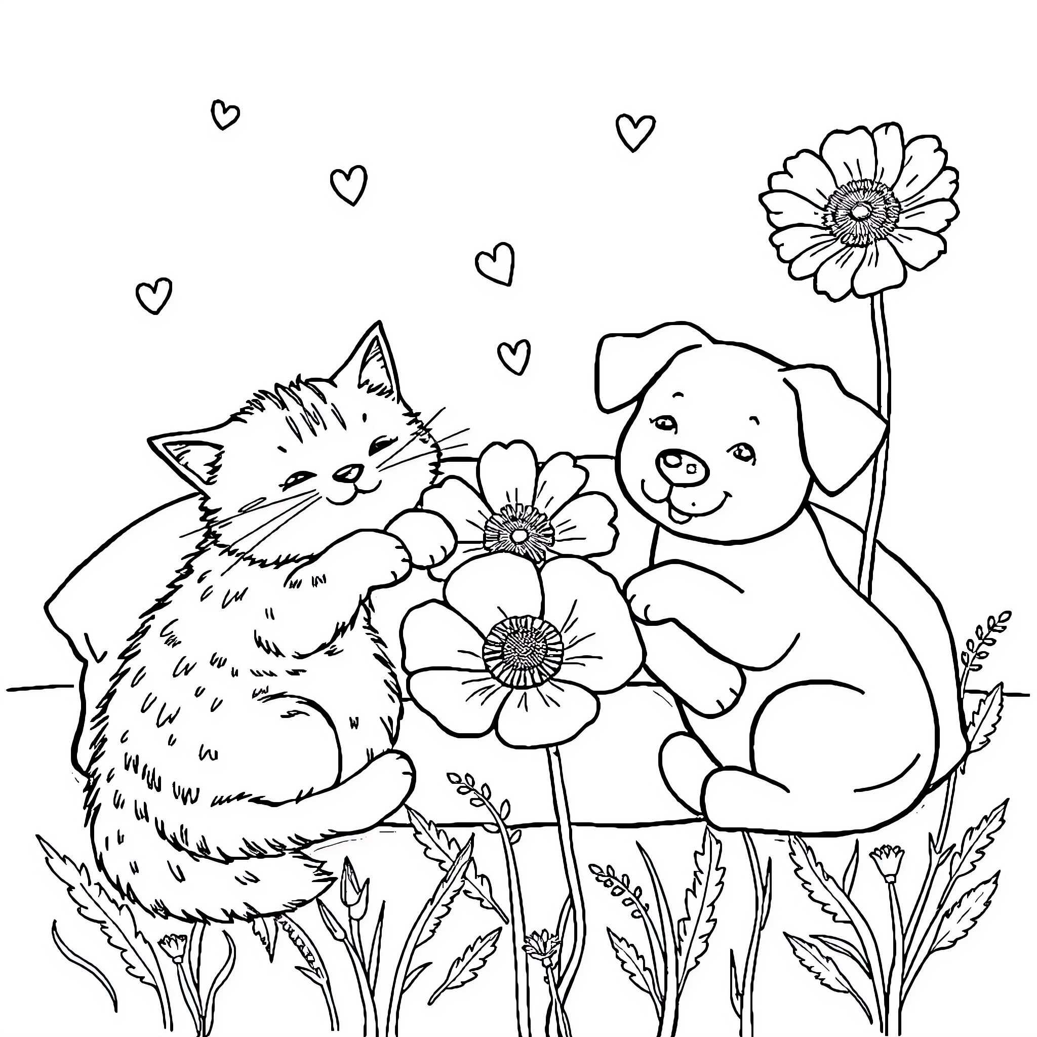 Cat and Puppy Enjoy Flowers Together Coloring Page (free black-and-white line drawing printable PDF for all, from beginners to advanced learners, including children, teens, adults, and seniors)