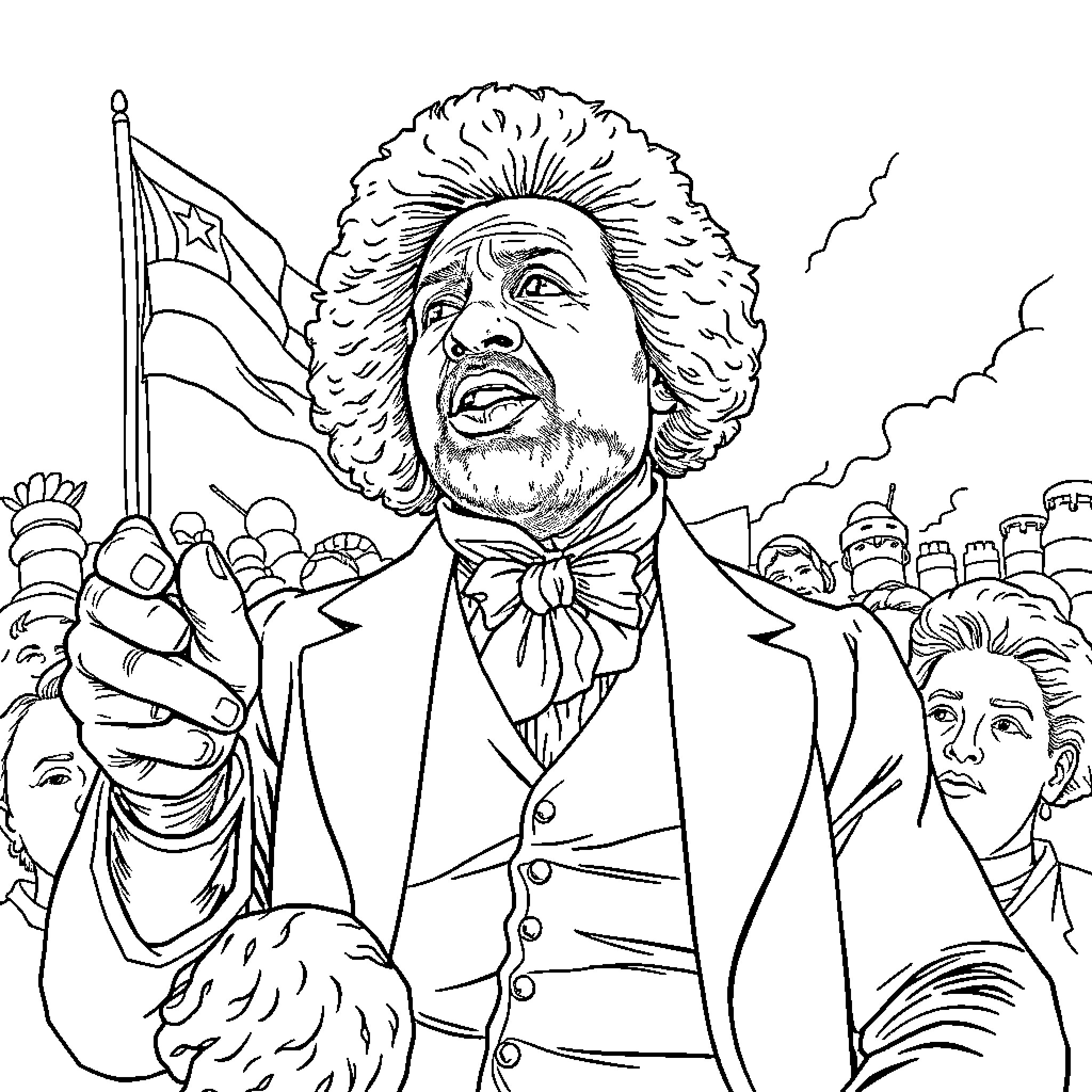 Frederick Douglas in Determined Oration with Crowd Coloring Page (free black-and-white line drawing printable PDF for all, from beginners to advanced learners, including children, teens, adults, and seniors)