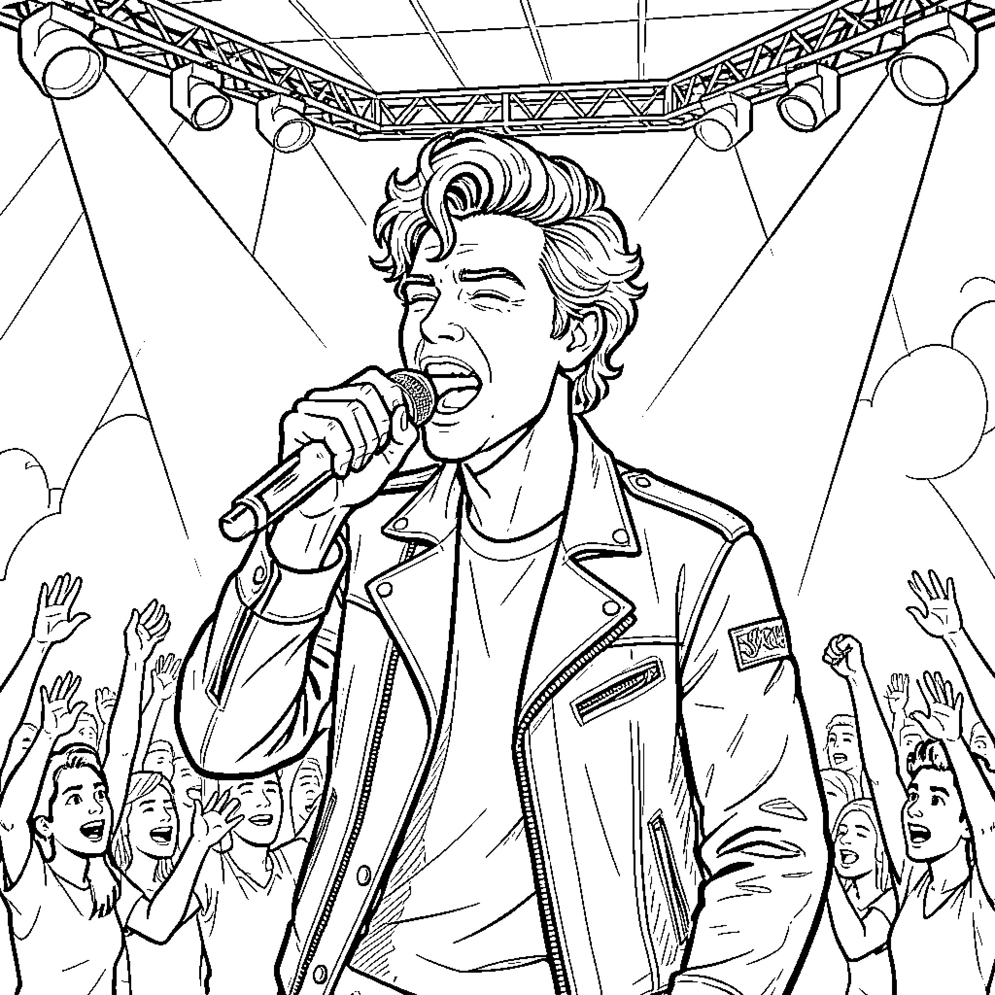 Harry Styles performing on stage with adoring fans Coloring Page (free black-and-white line drawing printable PDF for all, from beginners to advanced learners, including children, teens, adults, and seniors)