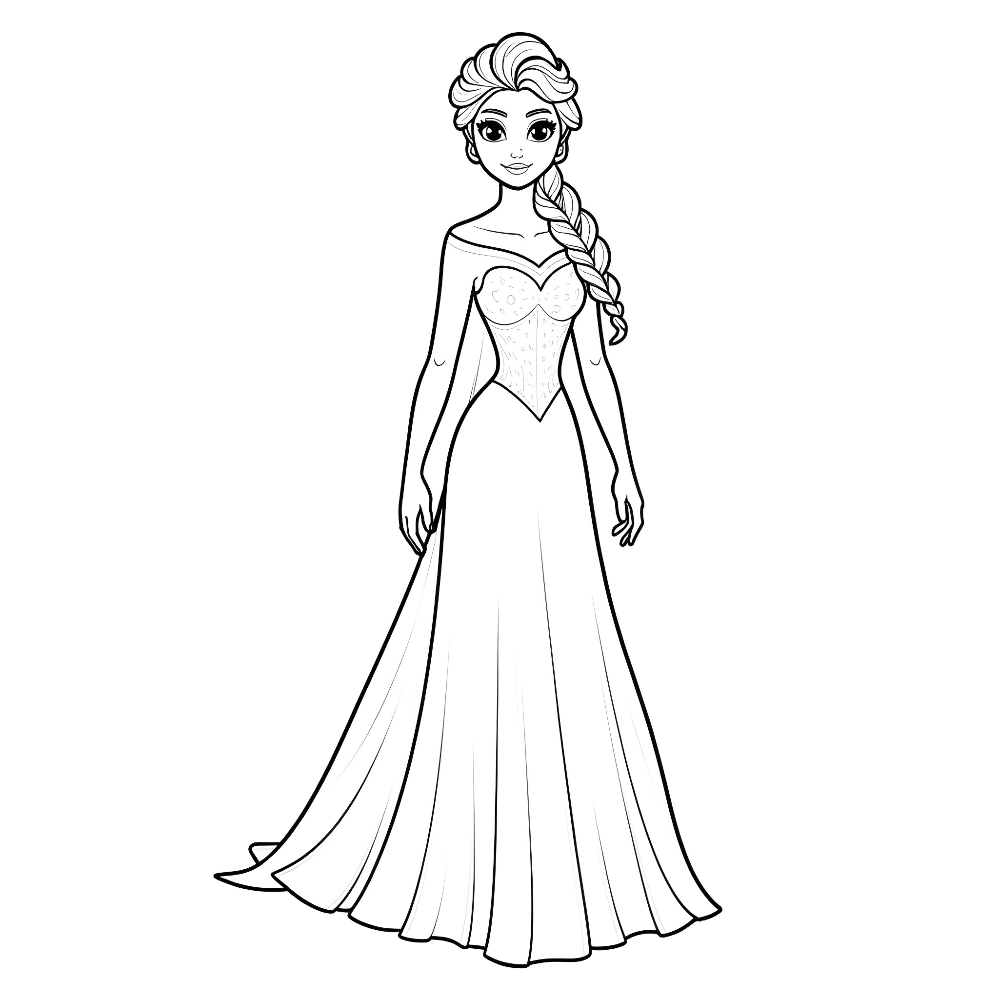 Elsa in her elegant snow queen dress Coloring Page (free black-and-white line drawing printable PDF for all, from beginners to advanced learners, including children, teens, adults, and seniors)