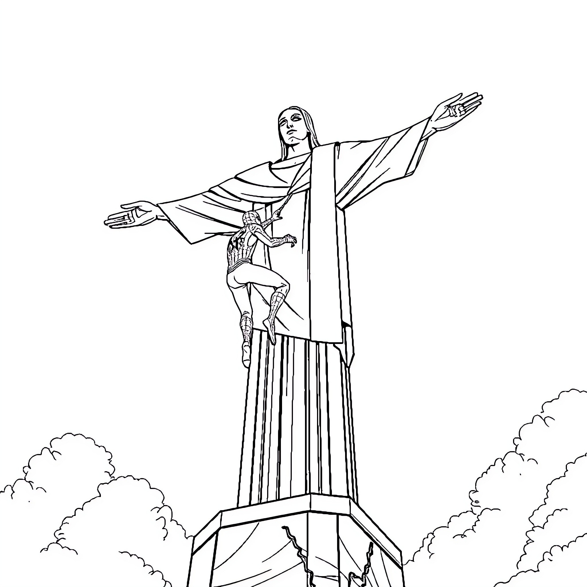 Spider-Man Ascending the Christ the Redeemer Statue Coloring Page (free black-and-white line drawing printable PDF for all, from beginners to advanced learners, including children, teens, adults, and seniors)