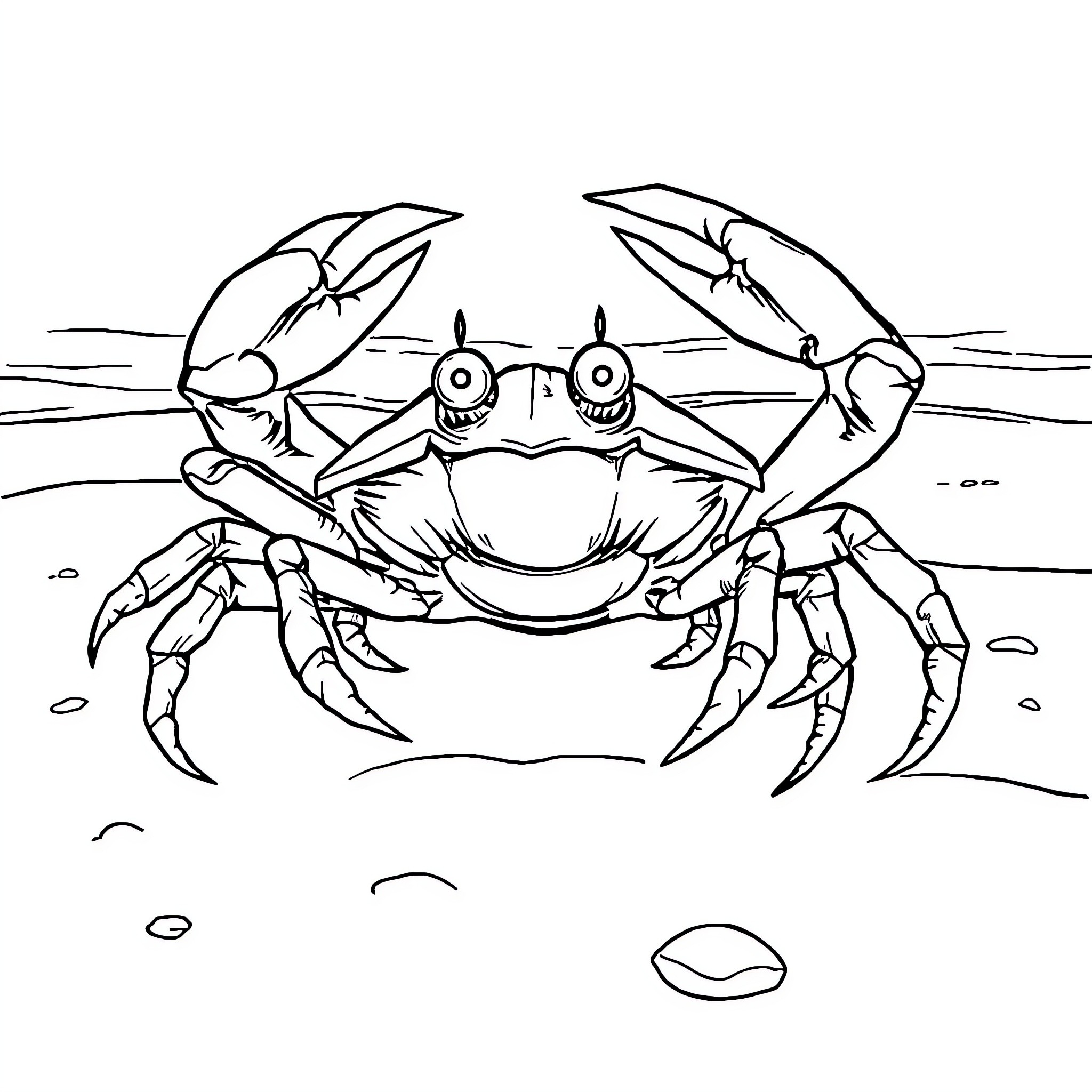 Crab scuttling on the beach Coloring Page (free black-and-white line drawing printable PDF for all, from beginners to advanced learners, including children, teens, adults, and seniors)