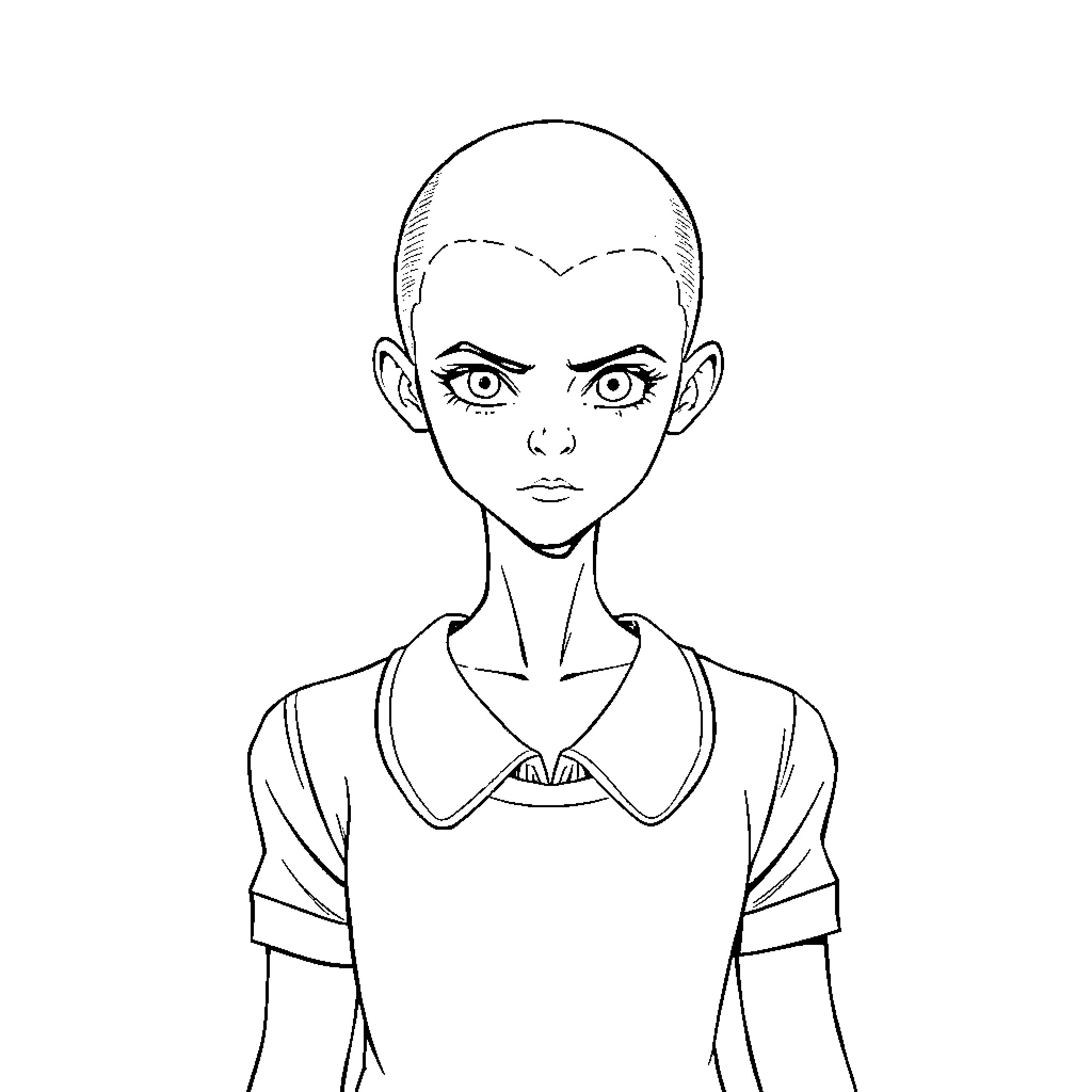 Eleven's Solemn Gaze and Uniform Coloring Page (free black-and-white line drawing printable PDF for all, from beginners to advanced learners, including children, teens, adults, and seniors)