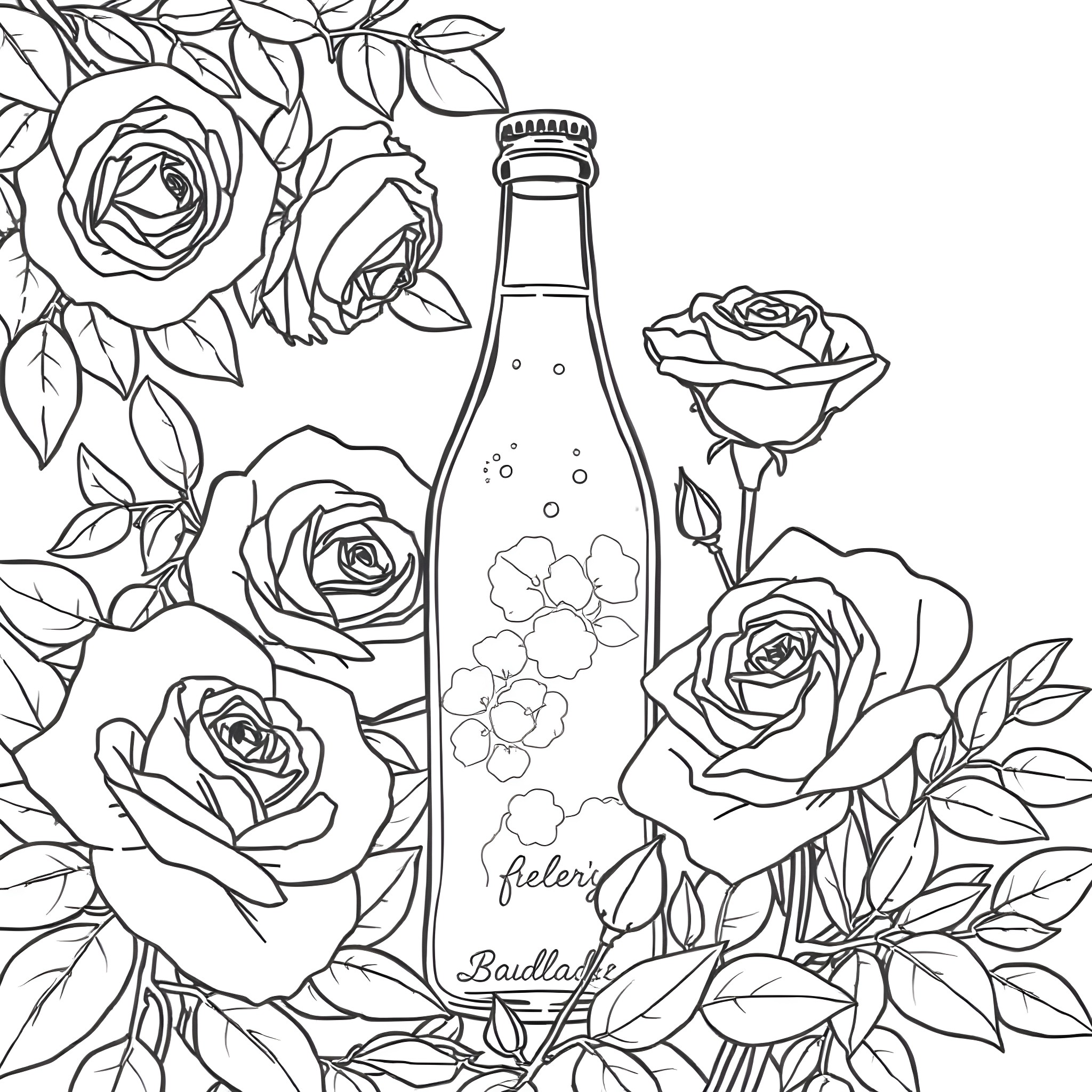 Mtn Dew bottle among flowering roses Coloring Page (free black-and-white line drawing printable PDF for all, from beginners to advanced learners, including children, teens, adults, and seniors)