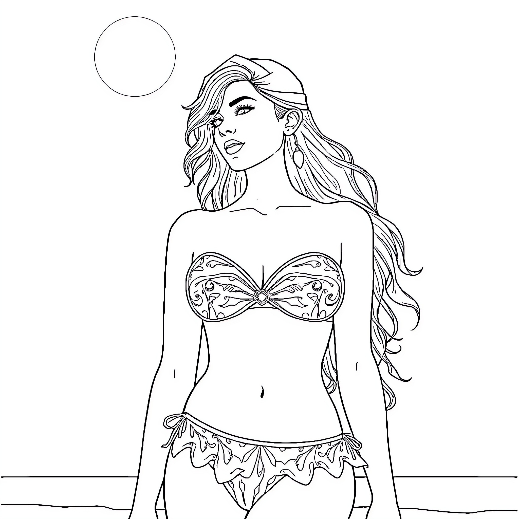 Woman in ornate swimwear posing confidently Coloring Page (free black-and-white line drawing printable PDF for all, from beginners to advanced learners, including children, teens, adults, and seniors)
