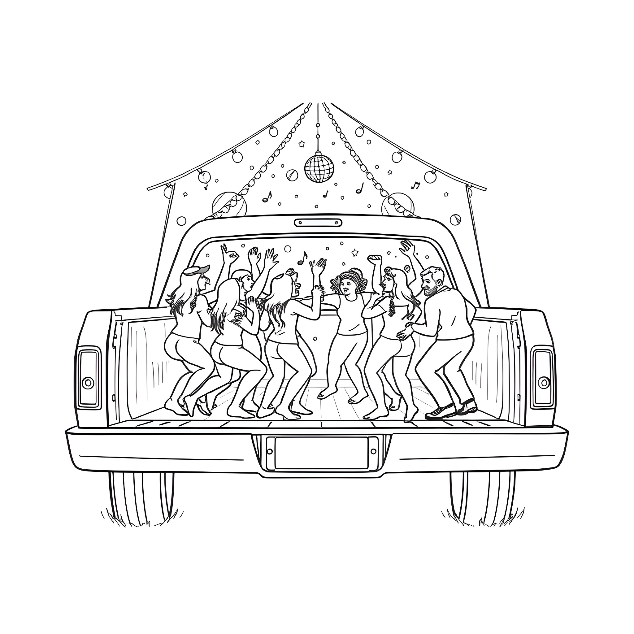 Pickup Truck Party with Dancers Coloring Page (free black-and-white line drawing printable PDF for all, from beginners to advanced learners, including children, teens, adults, and seniors)