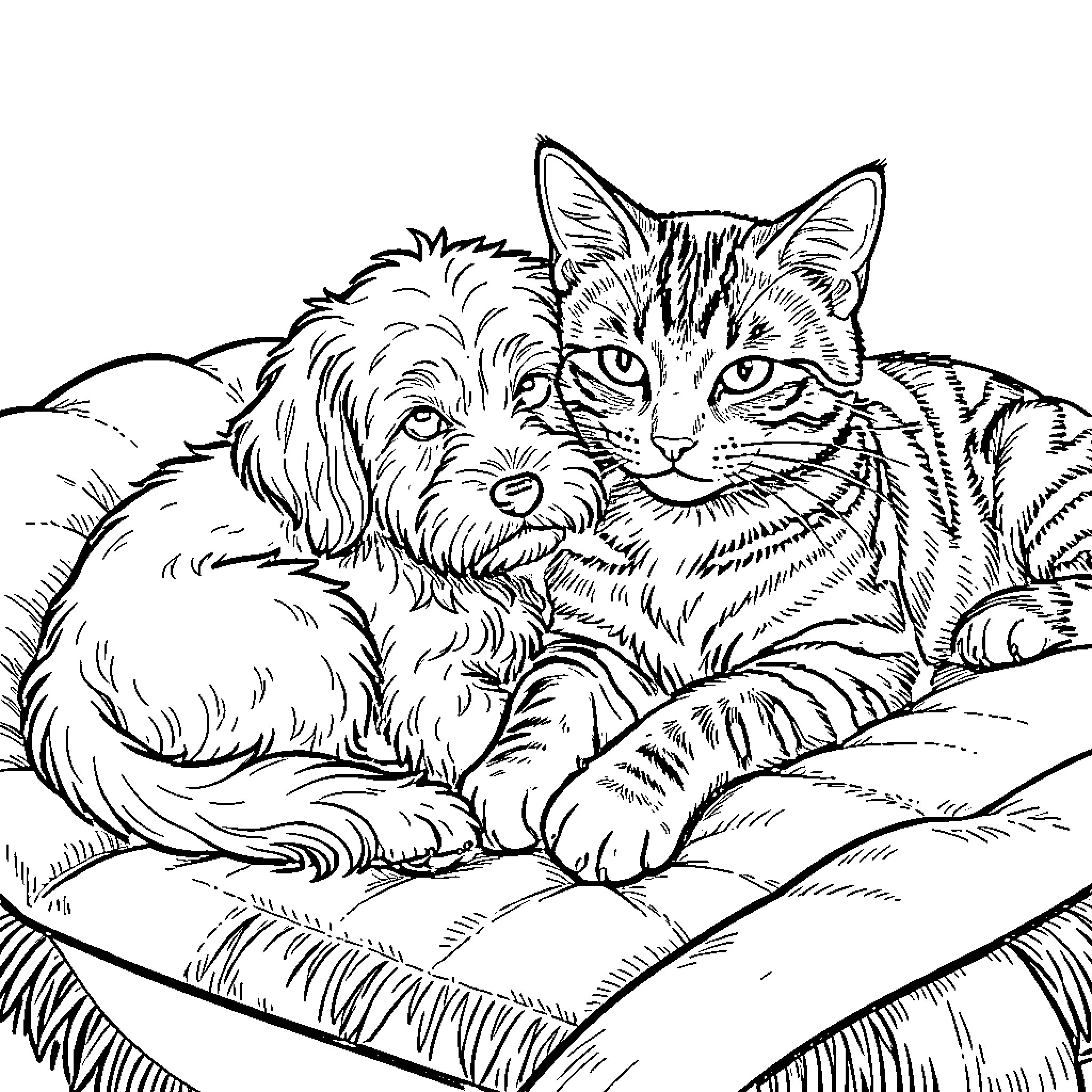 Doodle of a puppy and cat cuddling together Coloring Page (free black-and-white line drawing printable PDF for all, from beginners to advanced learners, including children, teens, adults, and seniors)