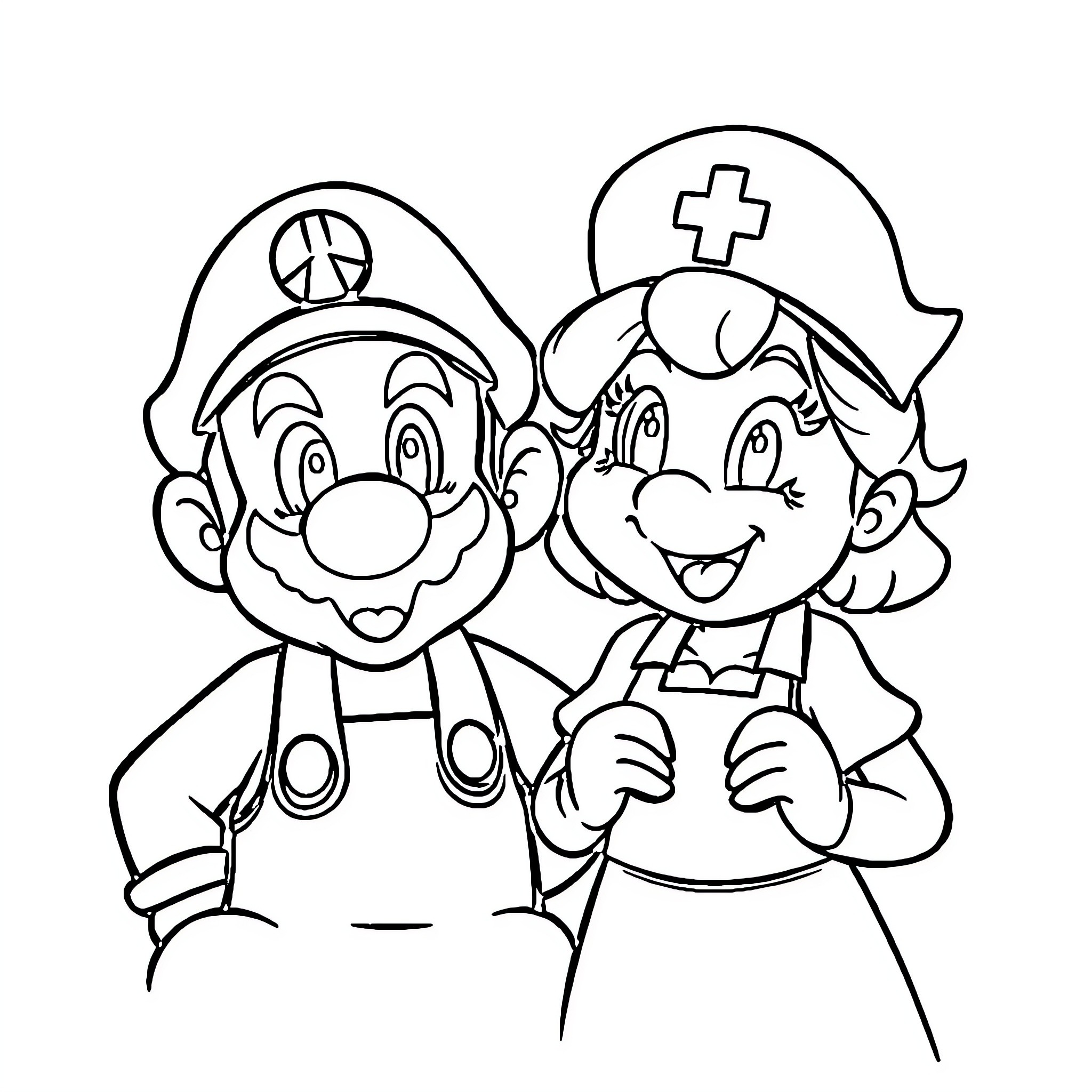 Nurse and Assistant in Cartoon Outfits Coloring Page (free black-and-white line drawing printable PDF for all, from beginners to advanced learners, including children, teens, adults, and seniors)